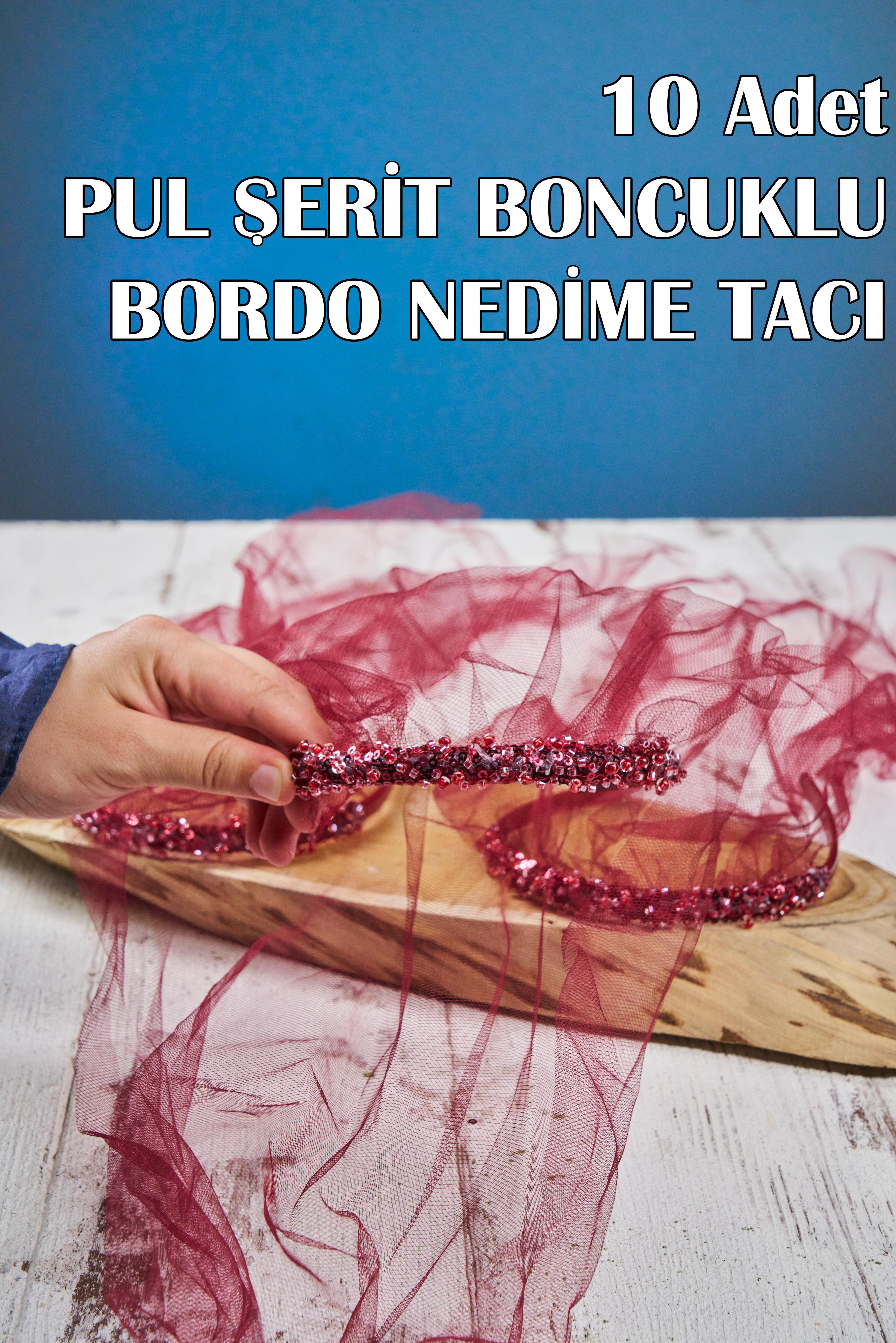 10 Adet Pul Şerit Boncuklu Nedime Tacı - BORDO