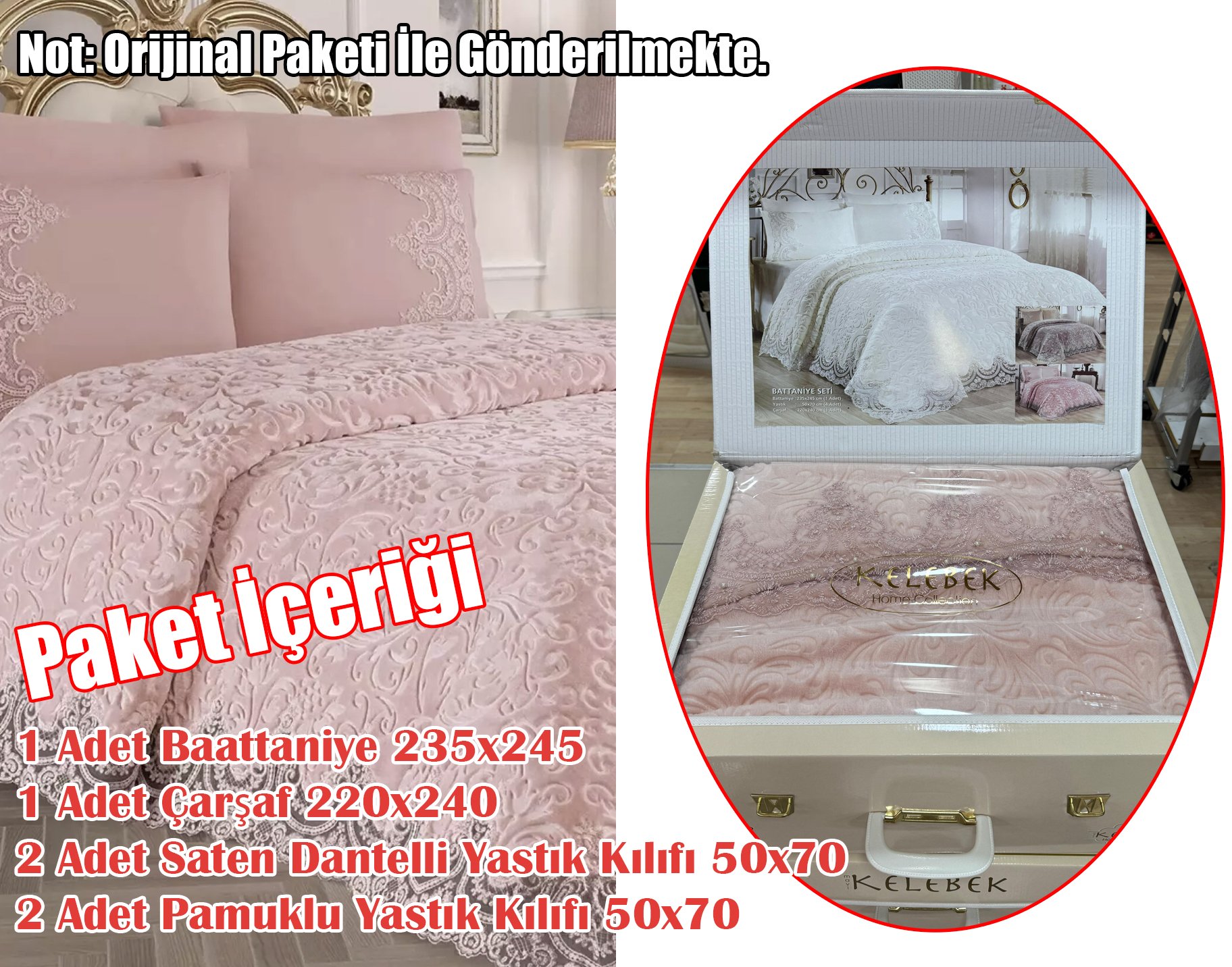 Fransız Güpürlü Battaniye Yatak Örtüsü - Çeyizlik Battaniye Seti - 6 Parça - PEMBE