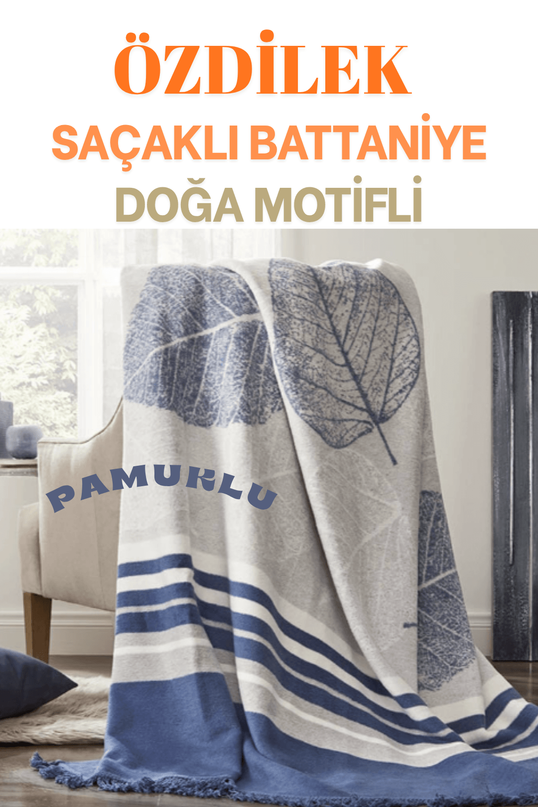 Saçaklı Pamuklu Battaniye (Çift Kişilik) 180x220 cm - MAVİ