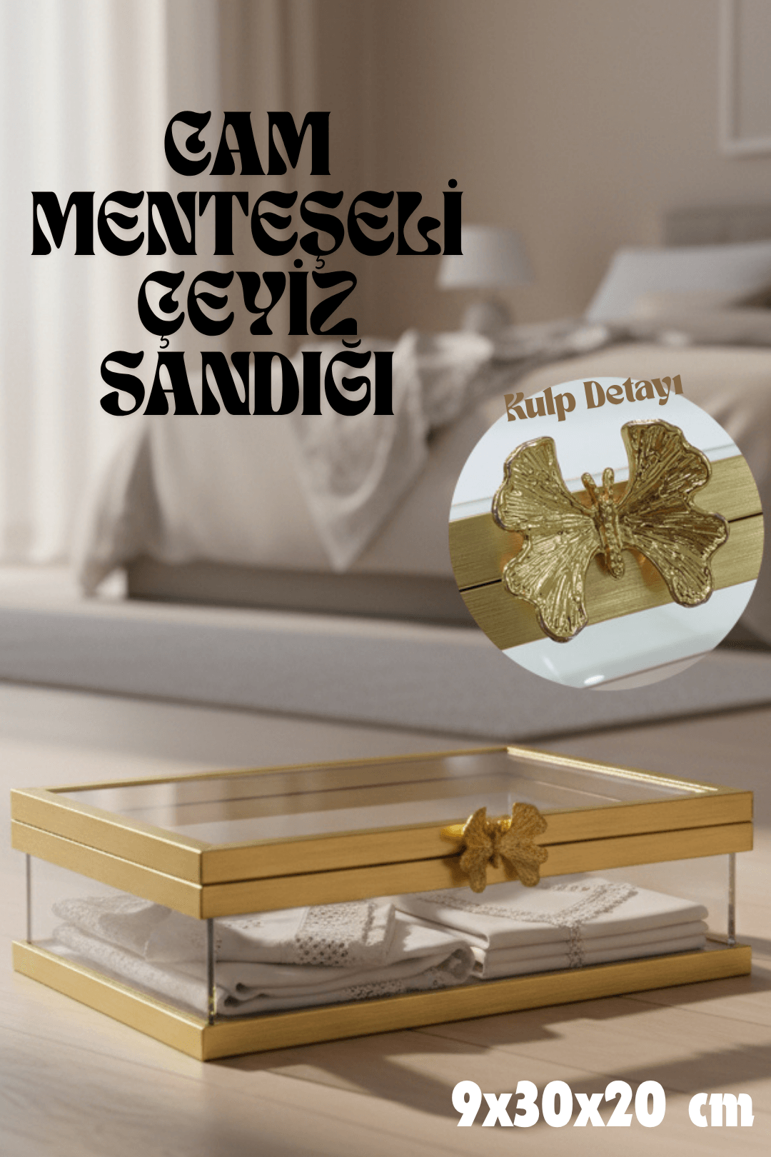 Menteşeli Dikdörtgen Cam Sandık (Kelebek Kulp Detaylı)