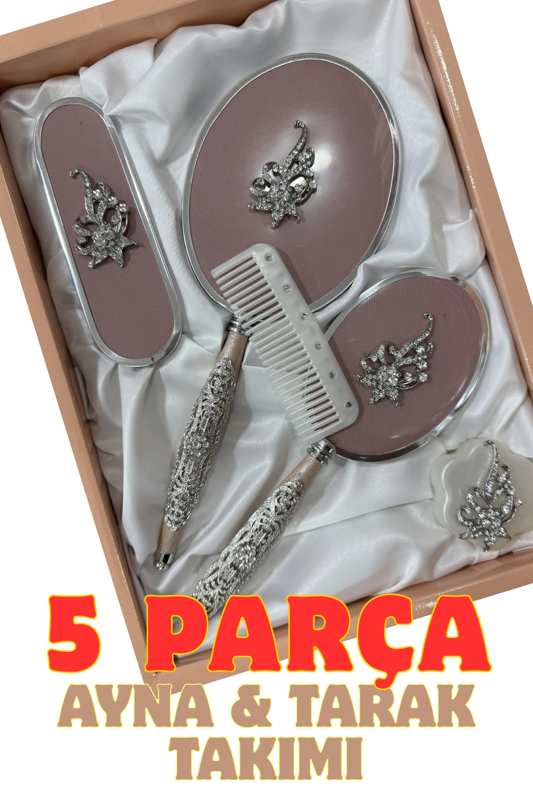 5 Parça Ayna & Tarak Seti - Ahşap Saplı Çeyizlik Tuvalet Takımı