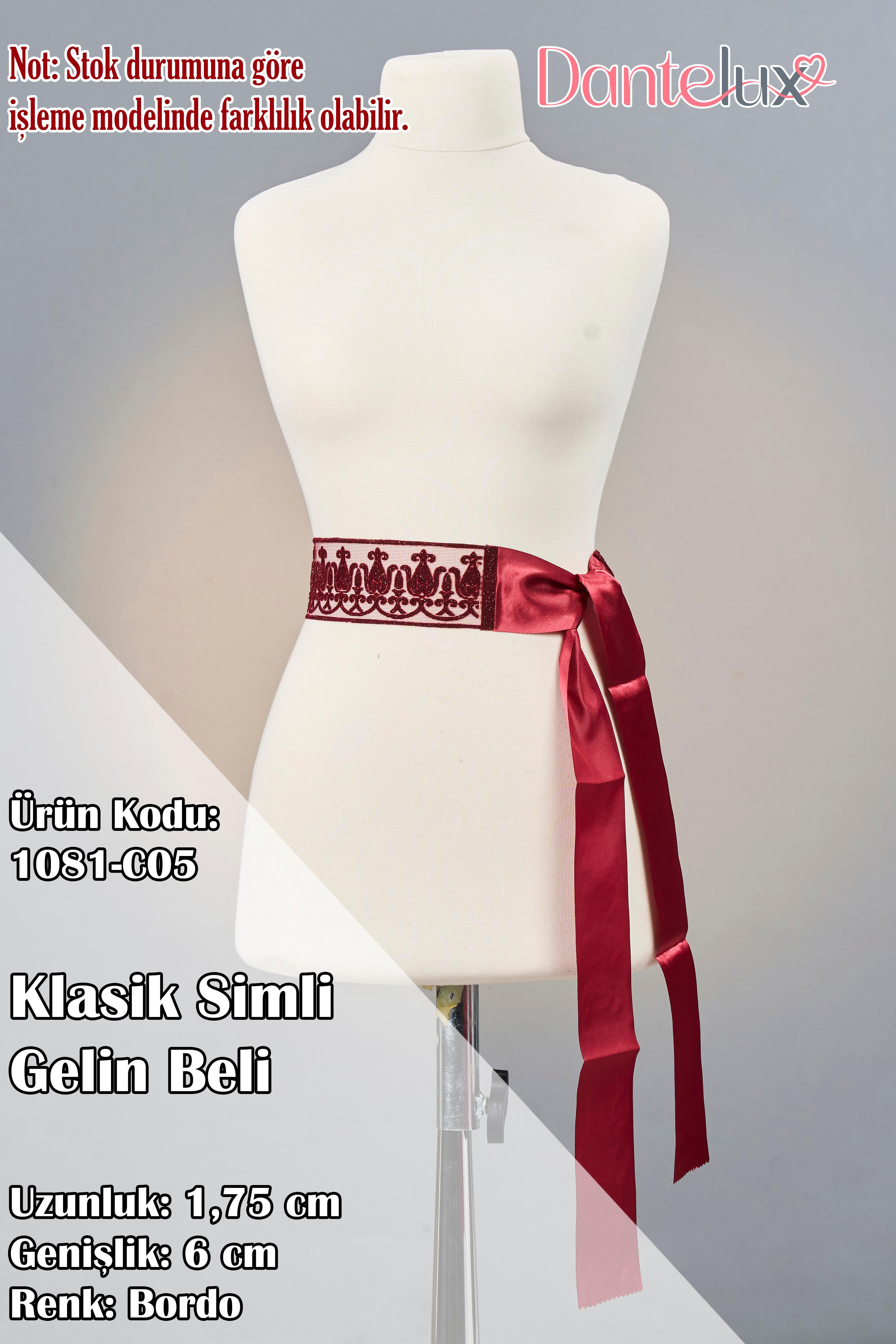 Klasik Simli Tül & Saten Gelin Bel Kurdalesi - Bel Kuşağı - Gelin Beli - BORDO
