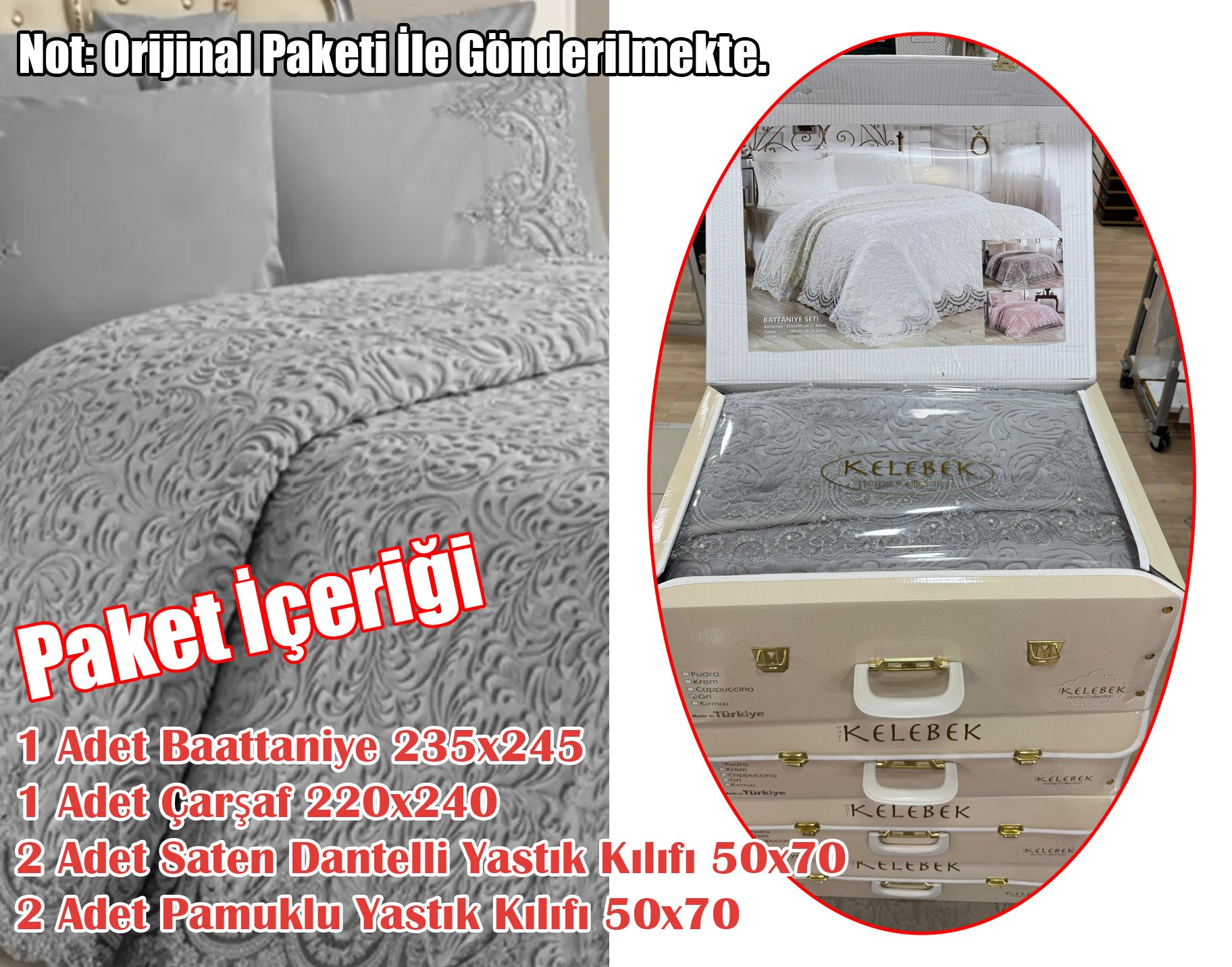 Fransız Güpürlü Battaniye Yatak Örtüsü - Çeyizlik Battaniye Seti - 6 Parça - GRİ