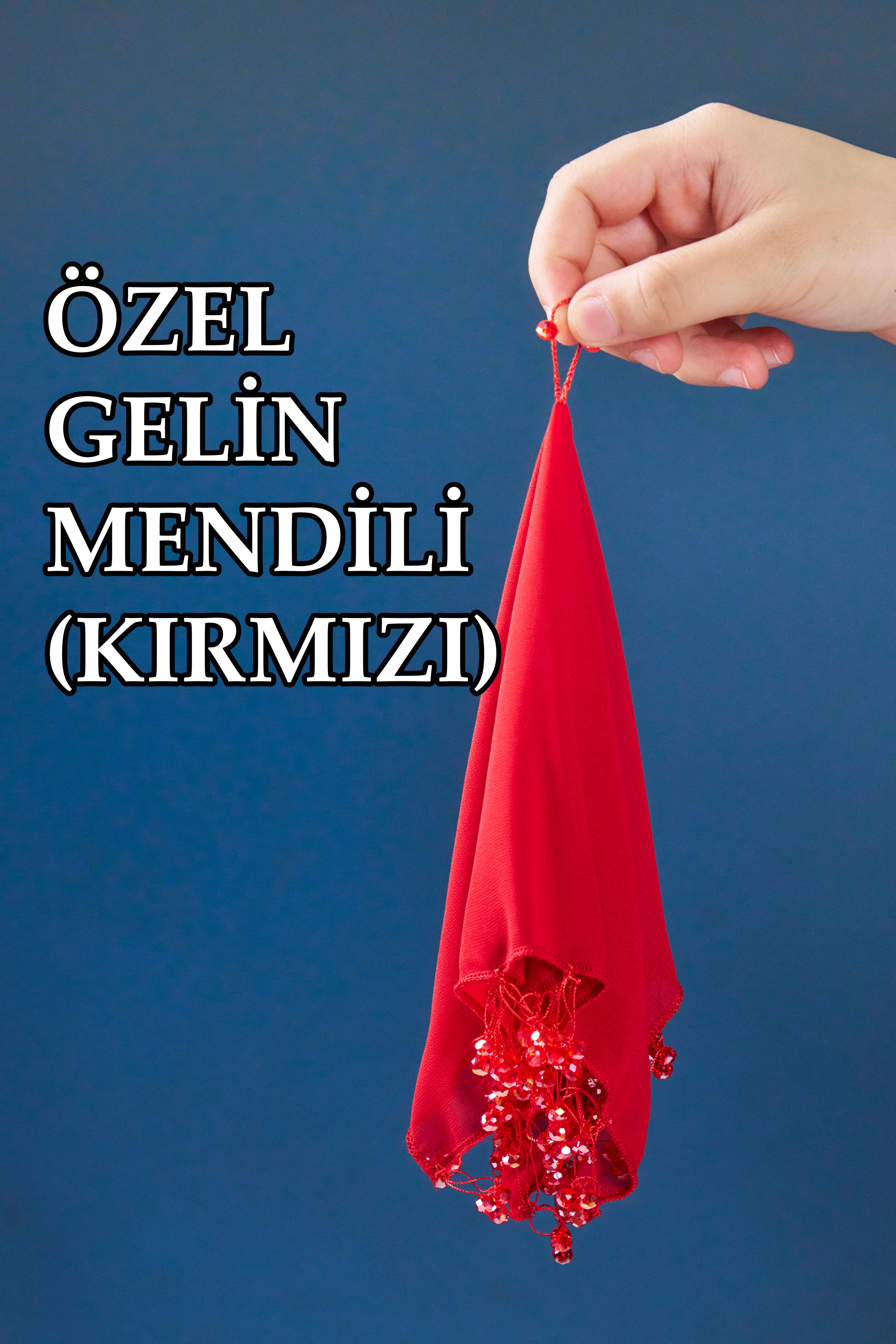 Boncuklu Özel Gelin Mendili (1 Adet) 28x28 cm - KIRMIZI