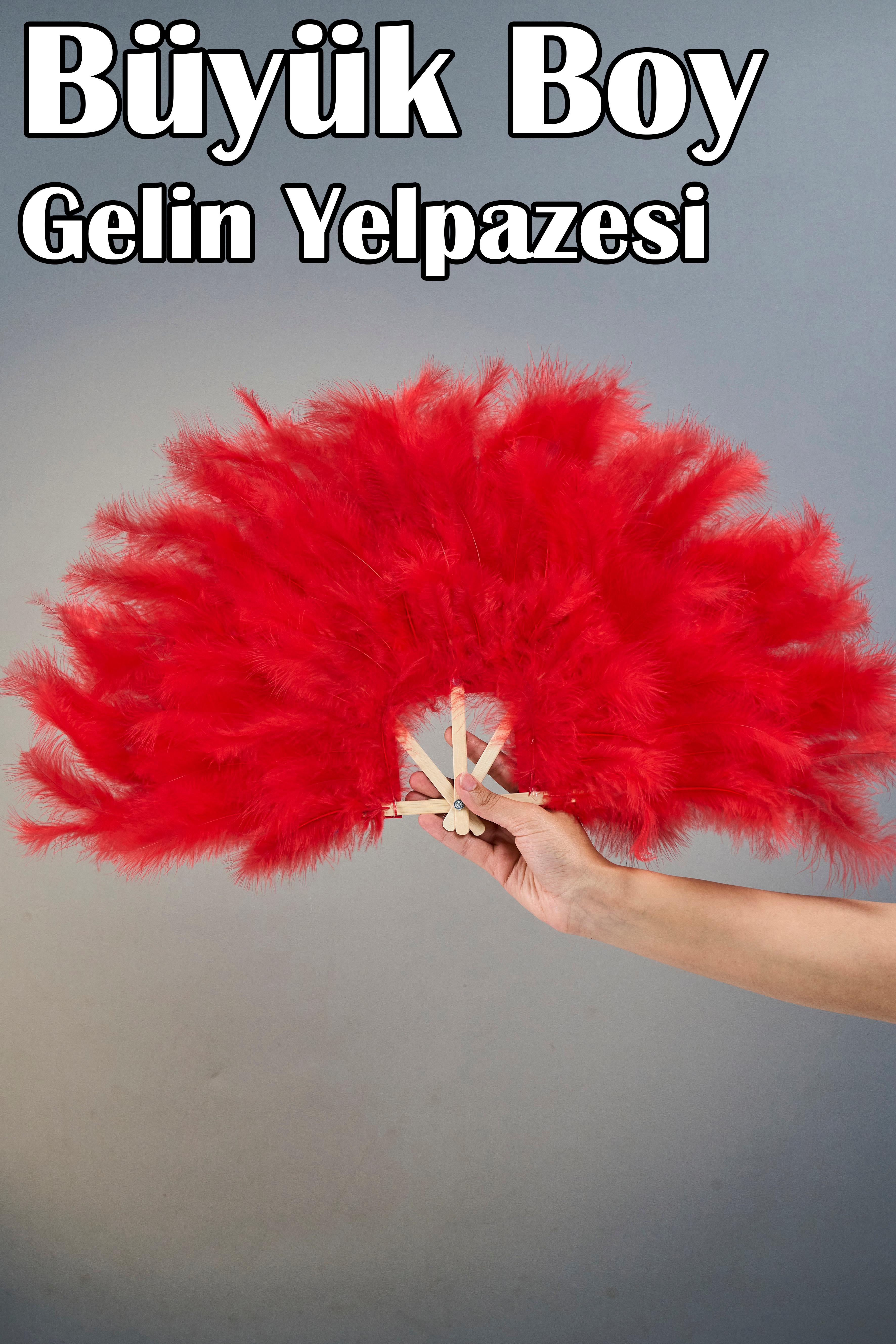 Büyük Boy Tüylü Kına Gecesi Gelin Yelpazesi (55x25 cm) - KIRMIZI