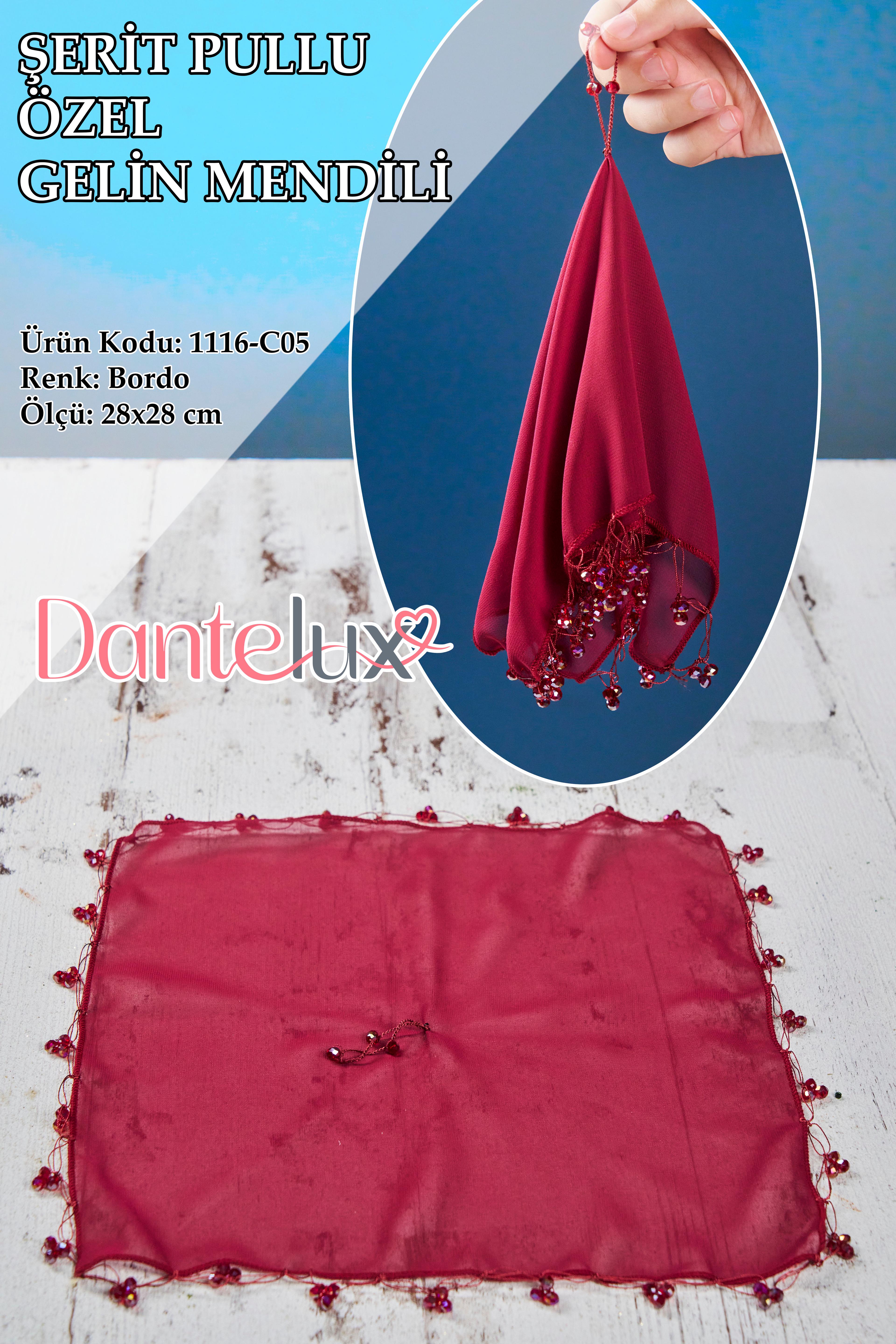 Boncuklu Özel Gelin Mendili (1 Adet) 28x28 cm - BORDO