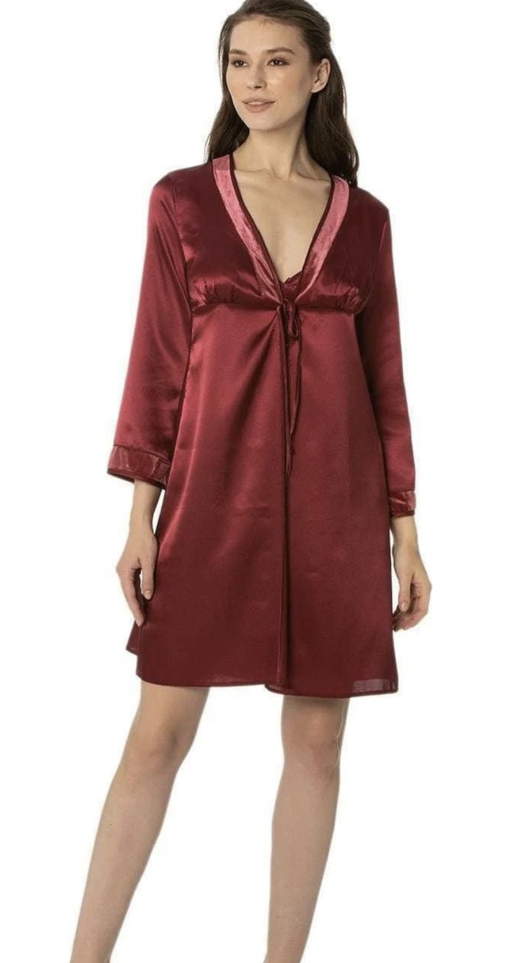 4040 Kadife Sabahlık & Gecelik 2'Li Set - BORDO
