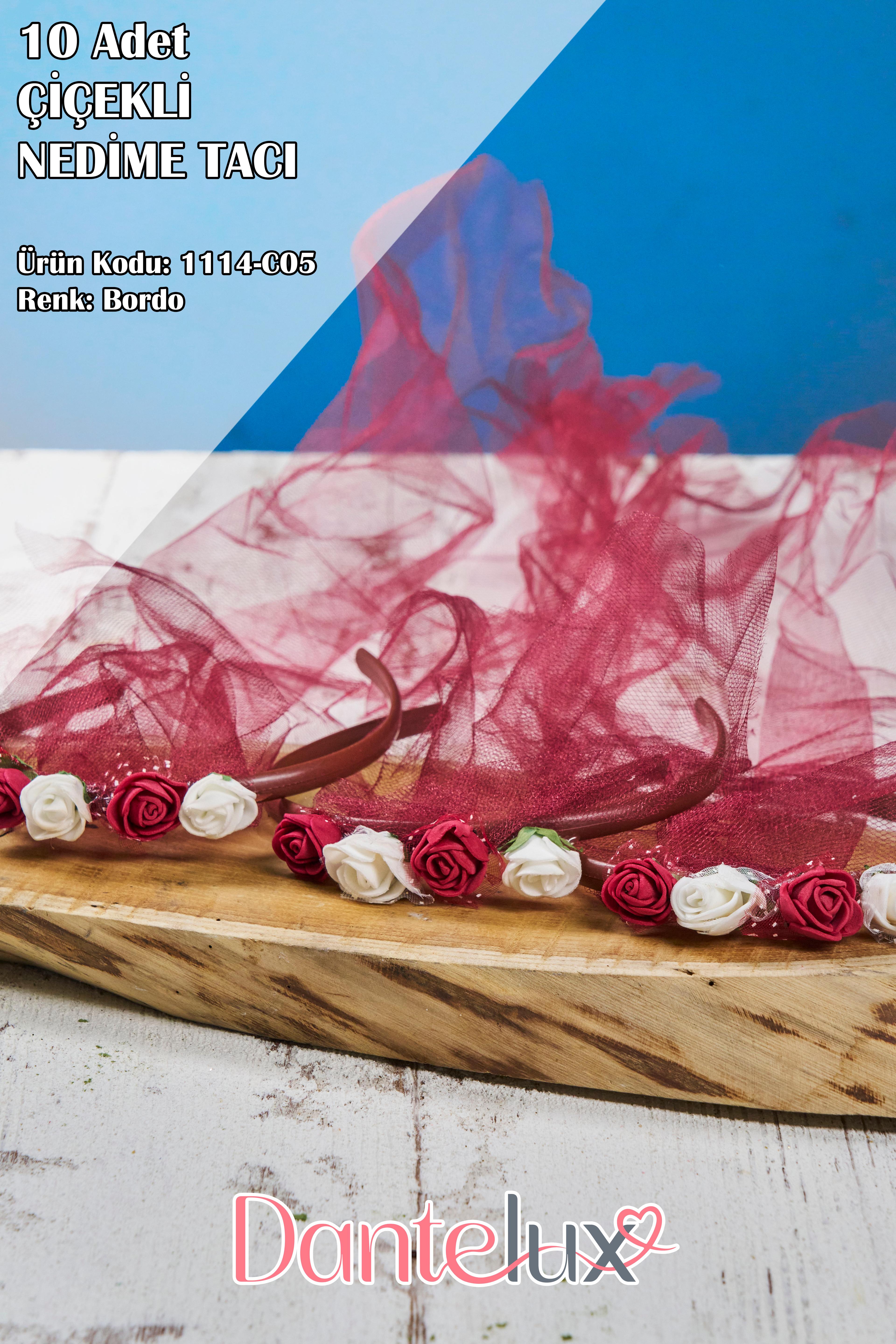 10 Adet Çiçekli Nedime Tacı - BORDO