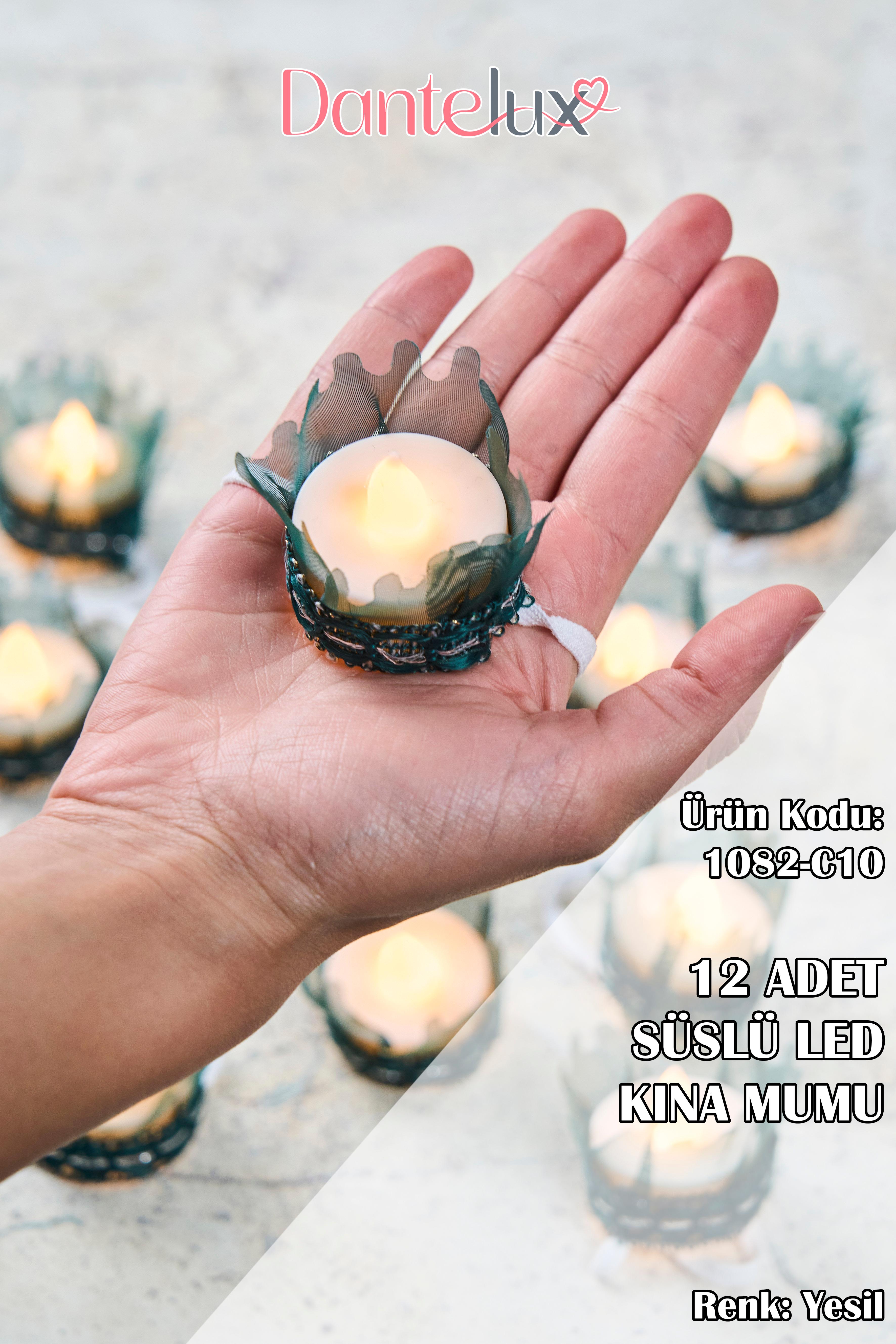 12 Adet Led Süslü Kına Mumu - YEŞİL