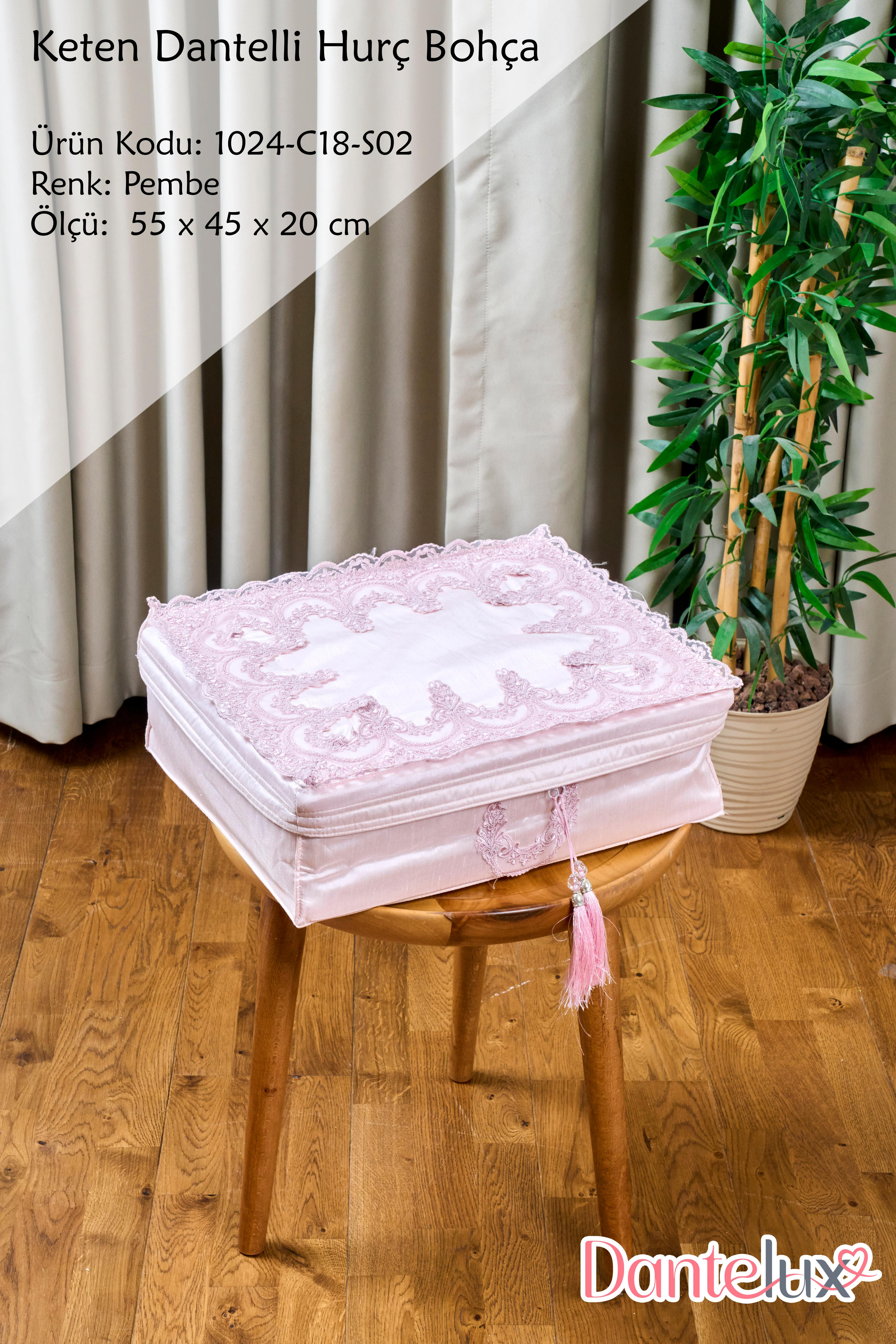 Keten Dantelli Hurç Bohça - PEMBE