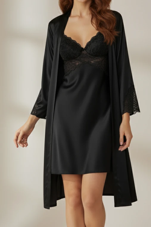 4050 Saten 2'Li Sabahlık & Gecelik Takımı - SİYAH