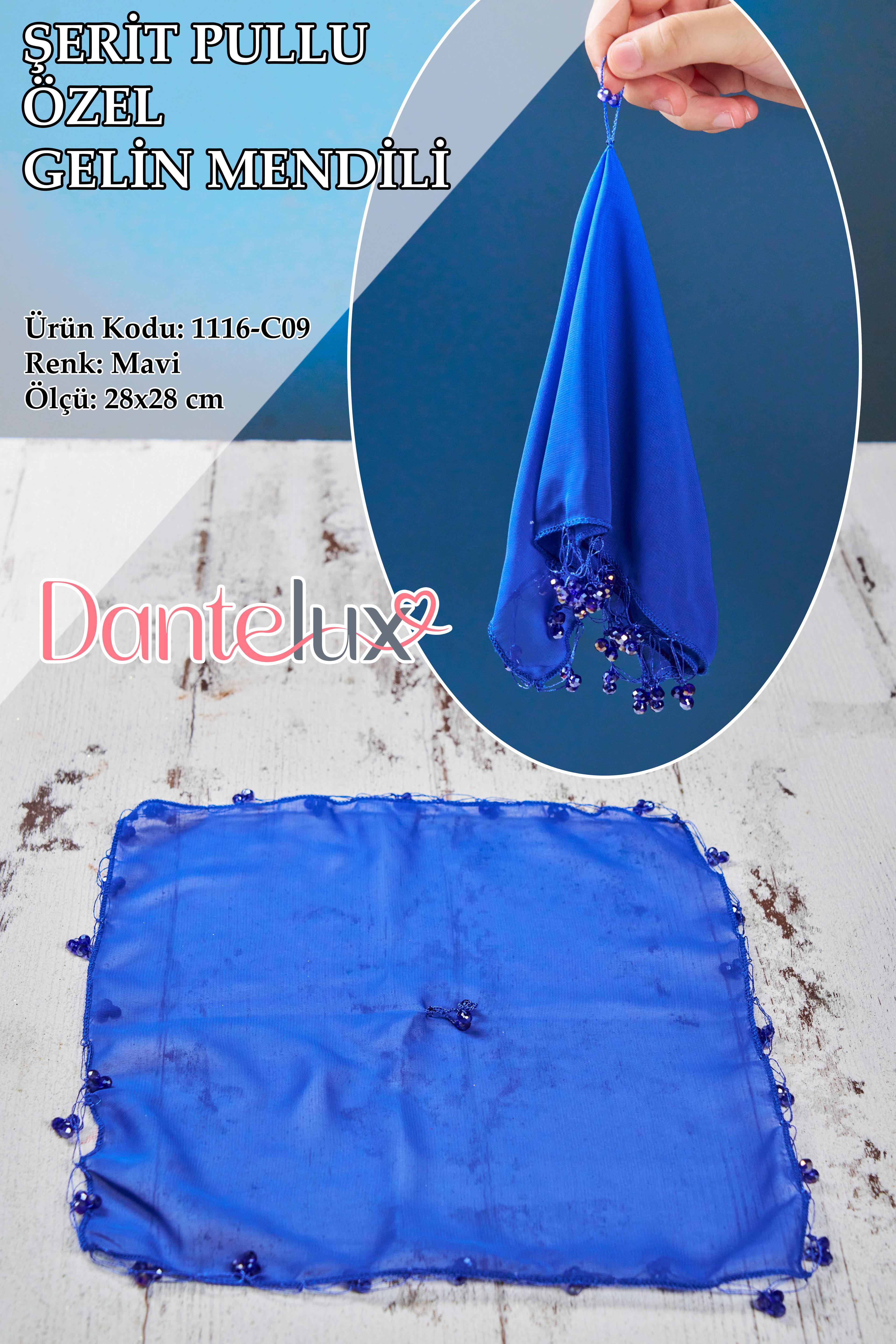 Boncuklu Özel Gelin Mendili (1 Adet) 28x28 cm - MAVİ