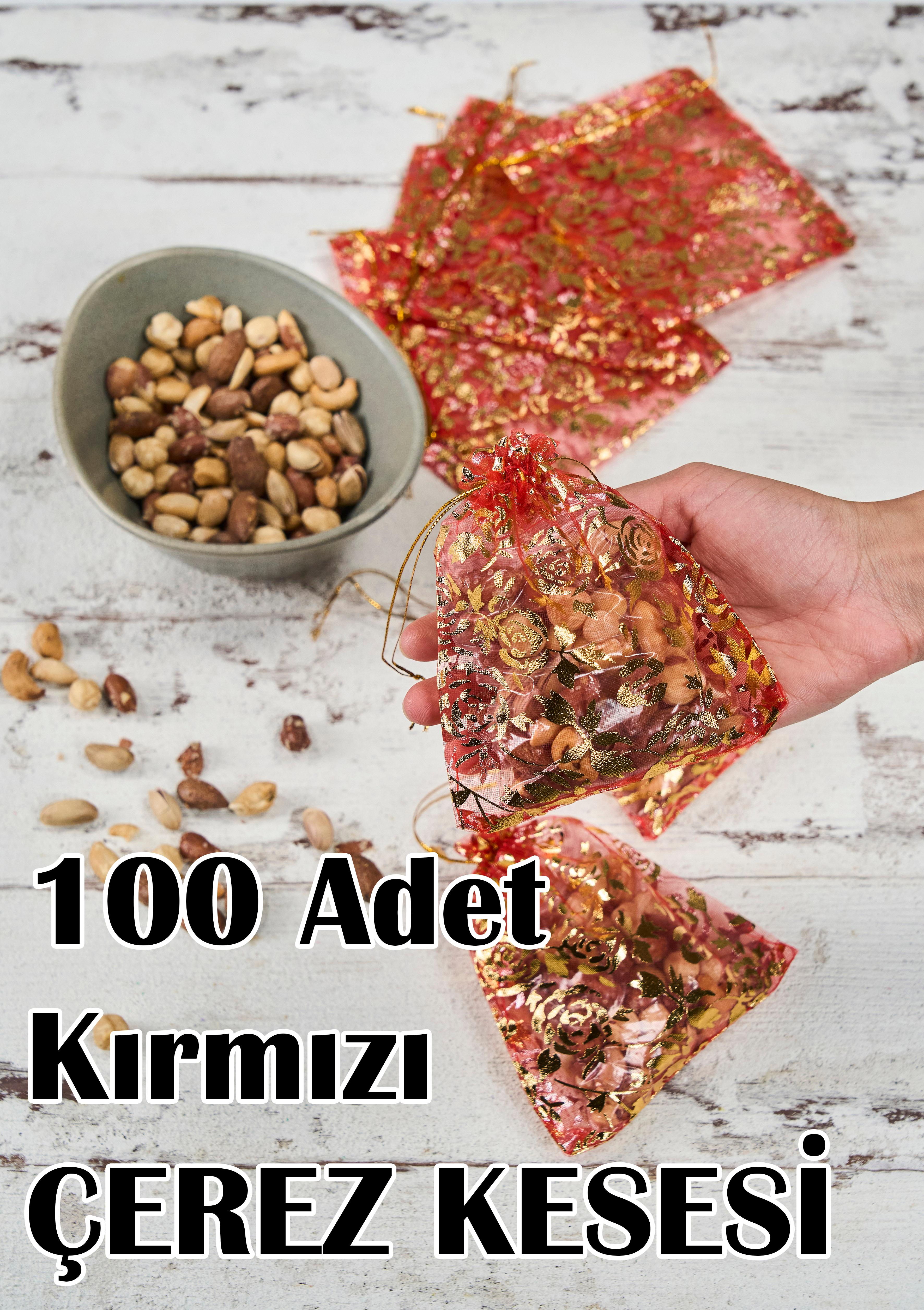 100 Adet Klasik Tül Çerez Kesesi (15x12 cm) - KIRMIZI DESENLİ