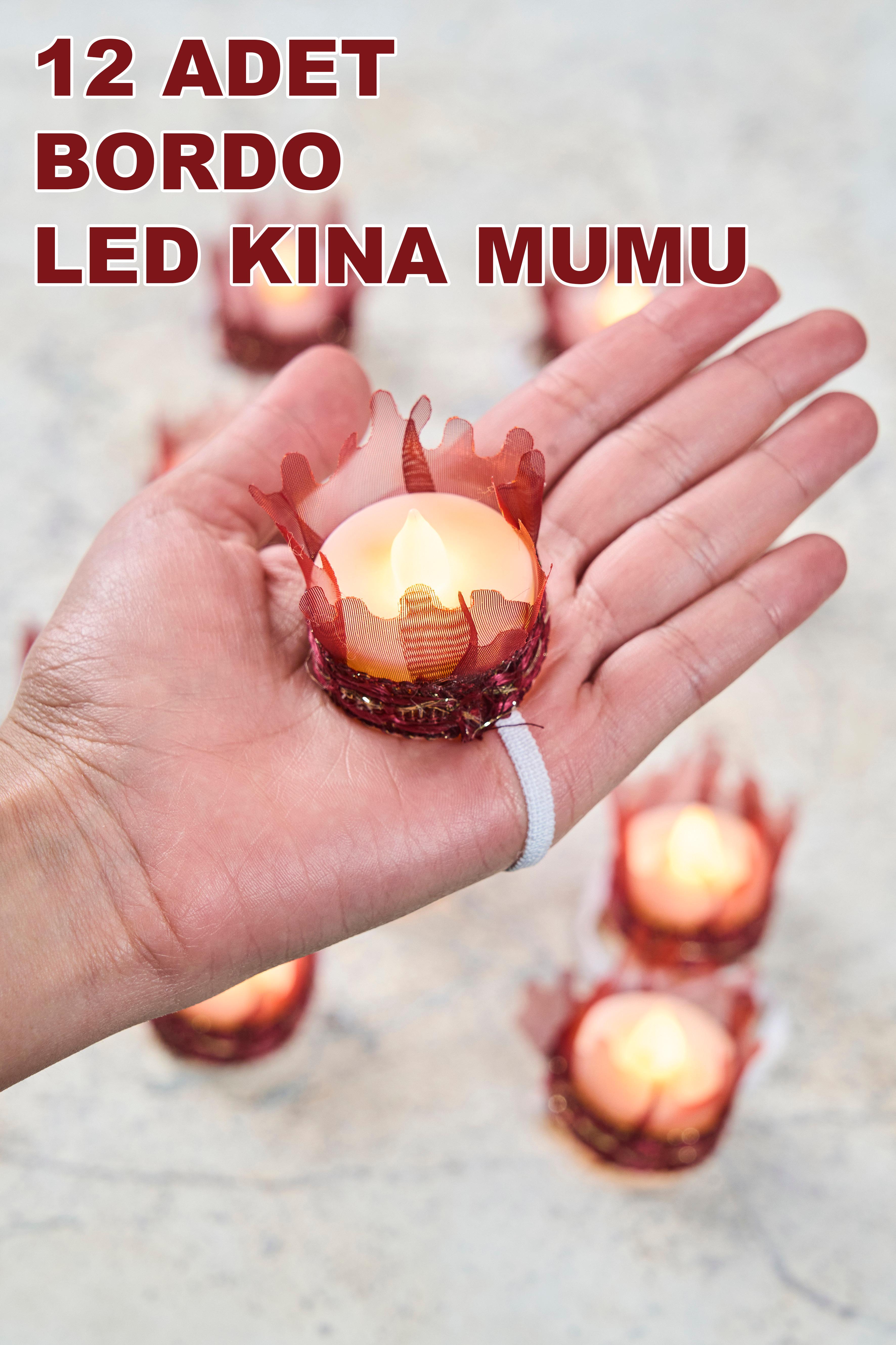 12 Adet Led Süslü Kına Mumu - BORDO