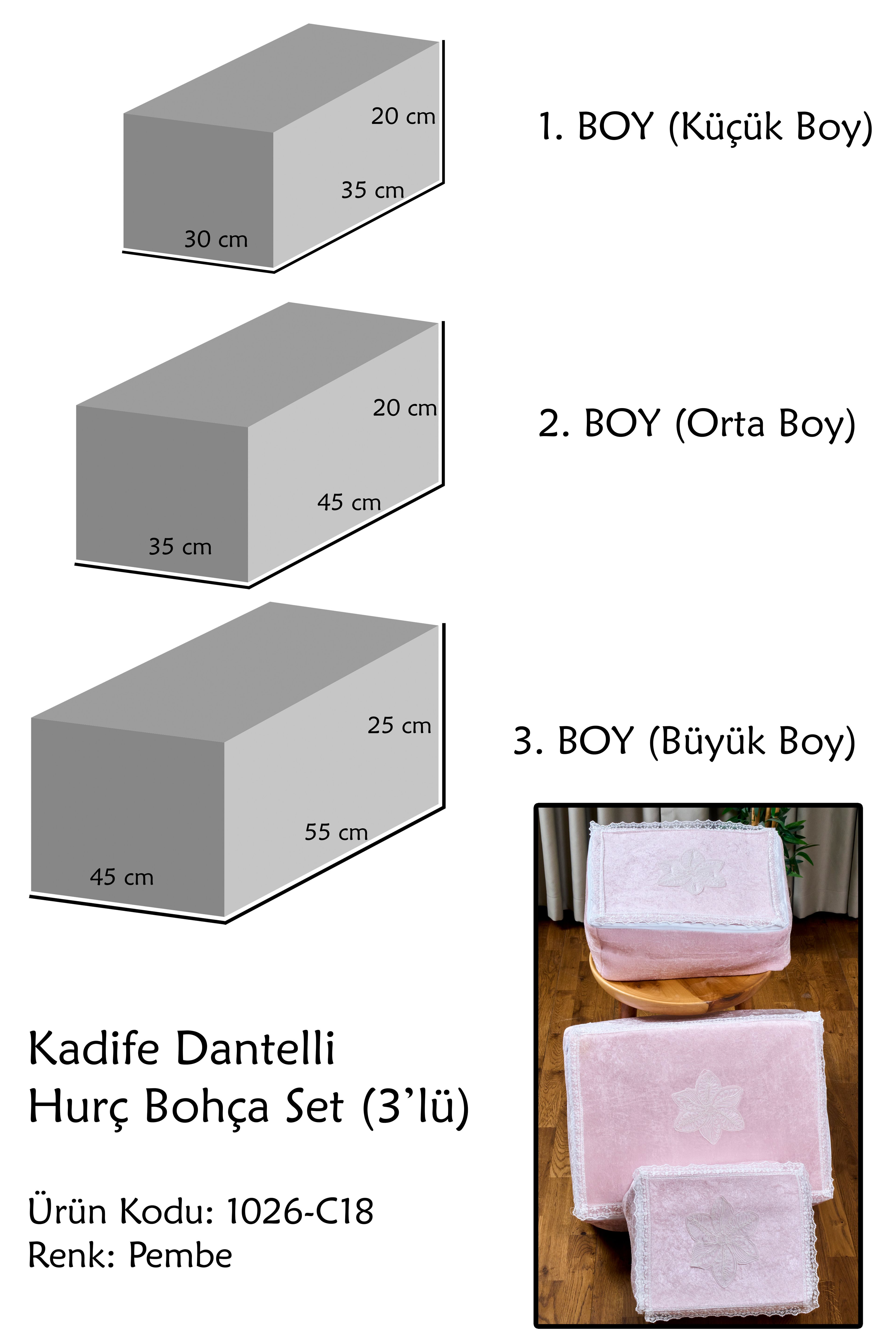 Kadife Dantelli Hurç Bohça Seti (3'Lü Set) - PEMBE