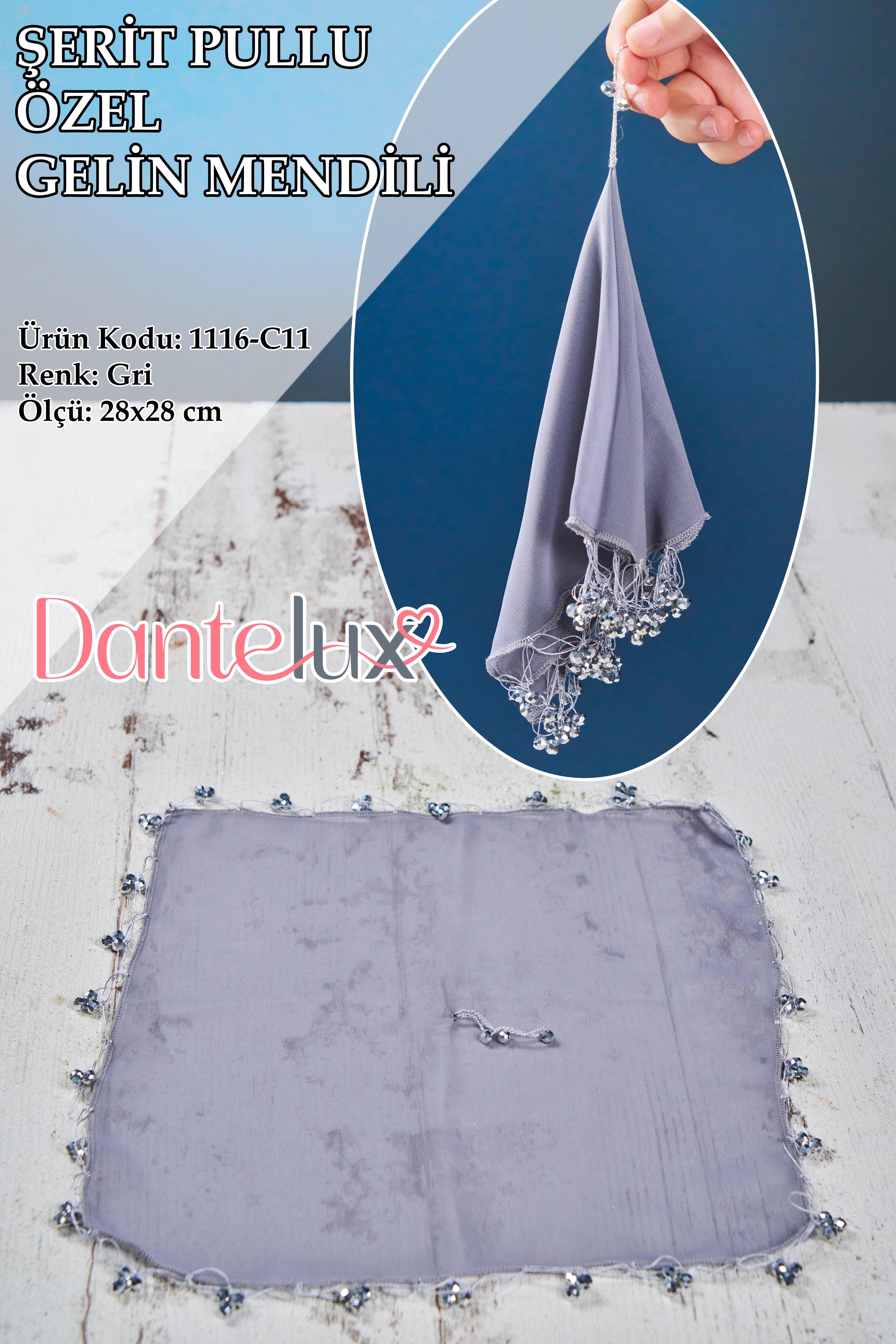 Boncuklu Özel Gelin Mendili (1 Adet) 28x28 cm - GRİ