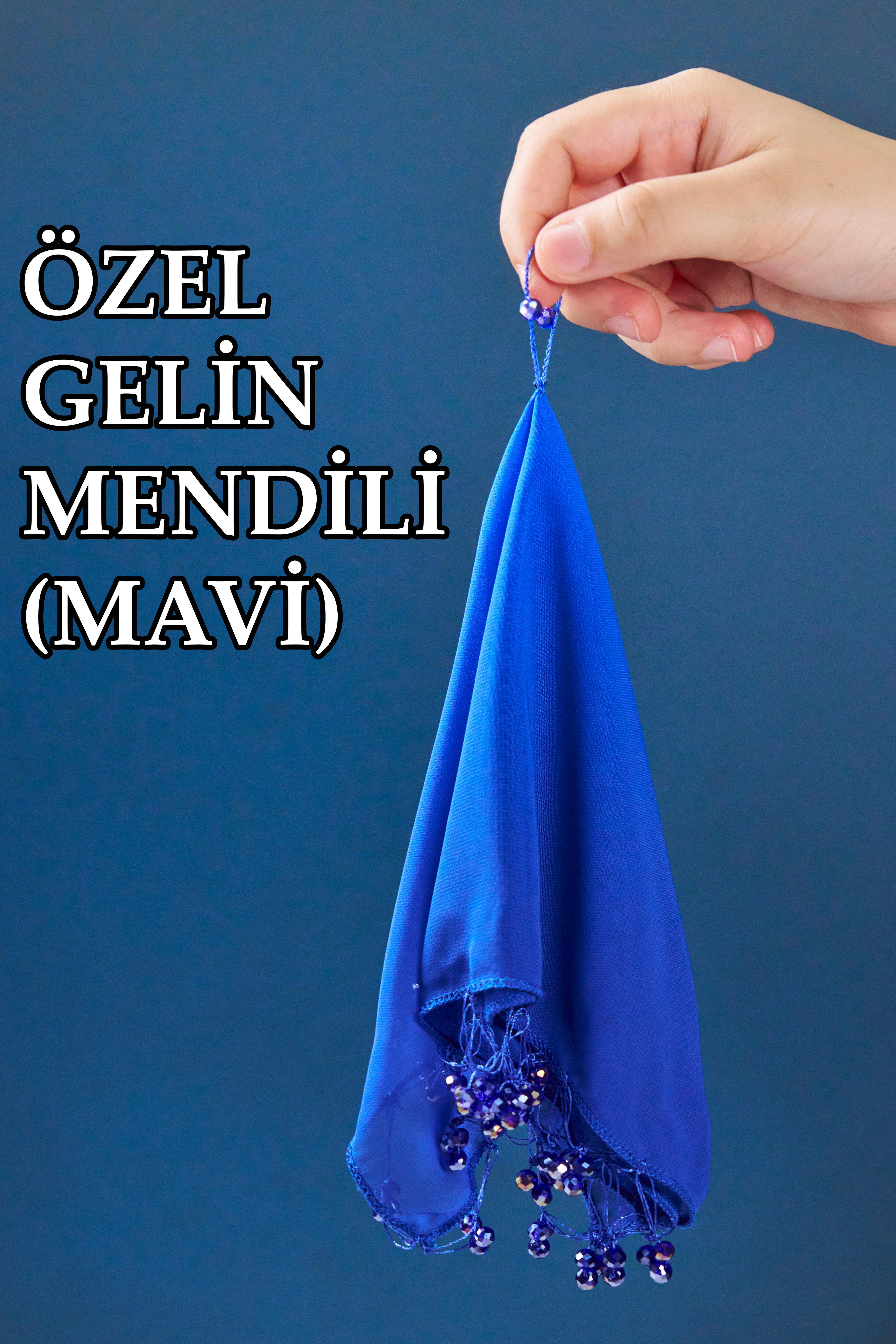 Boncuklu Özel Gelin Mendili (1 Adet) 28x28 cm - MAVİ