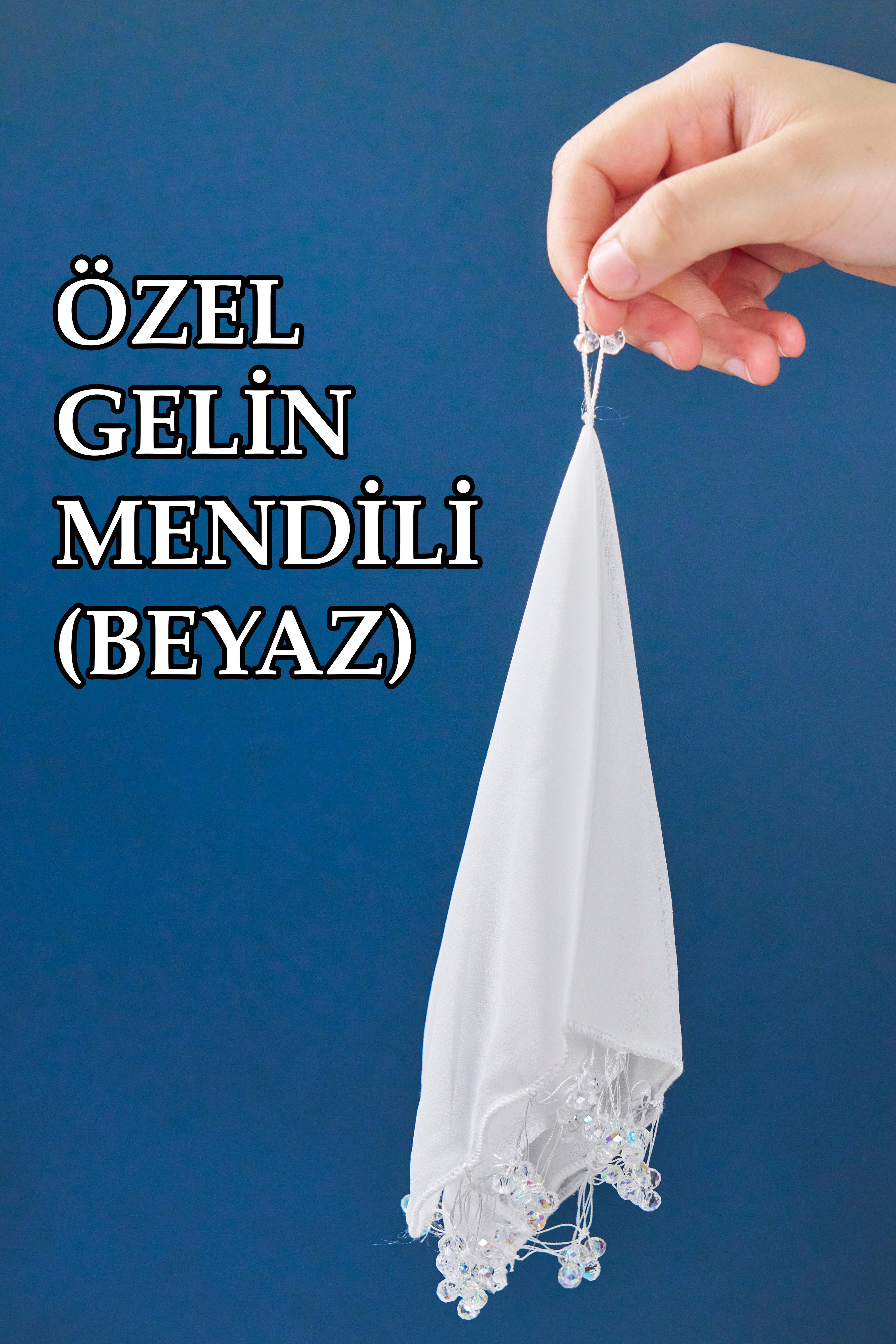 Boncuklu Özel Gelin Mendili (1 Adet) 28x28 cm - BEYAZ