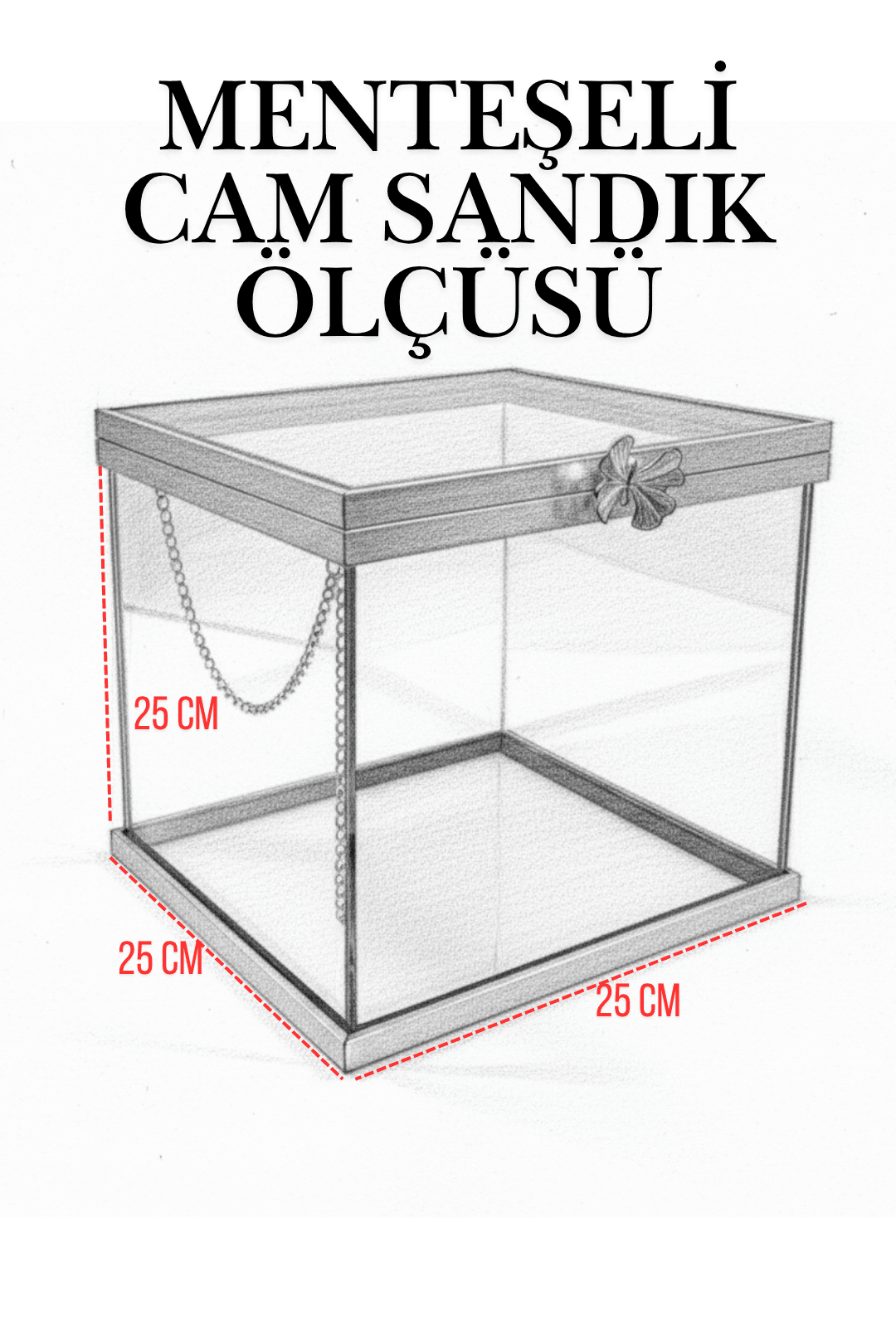 Menteşeli Kare Cam Sandık (Kelebek Kulp Detaylı) 25x25x25 cm - GÜMÜŞ