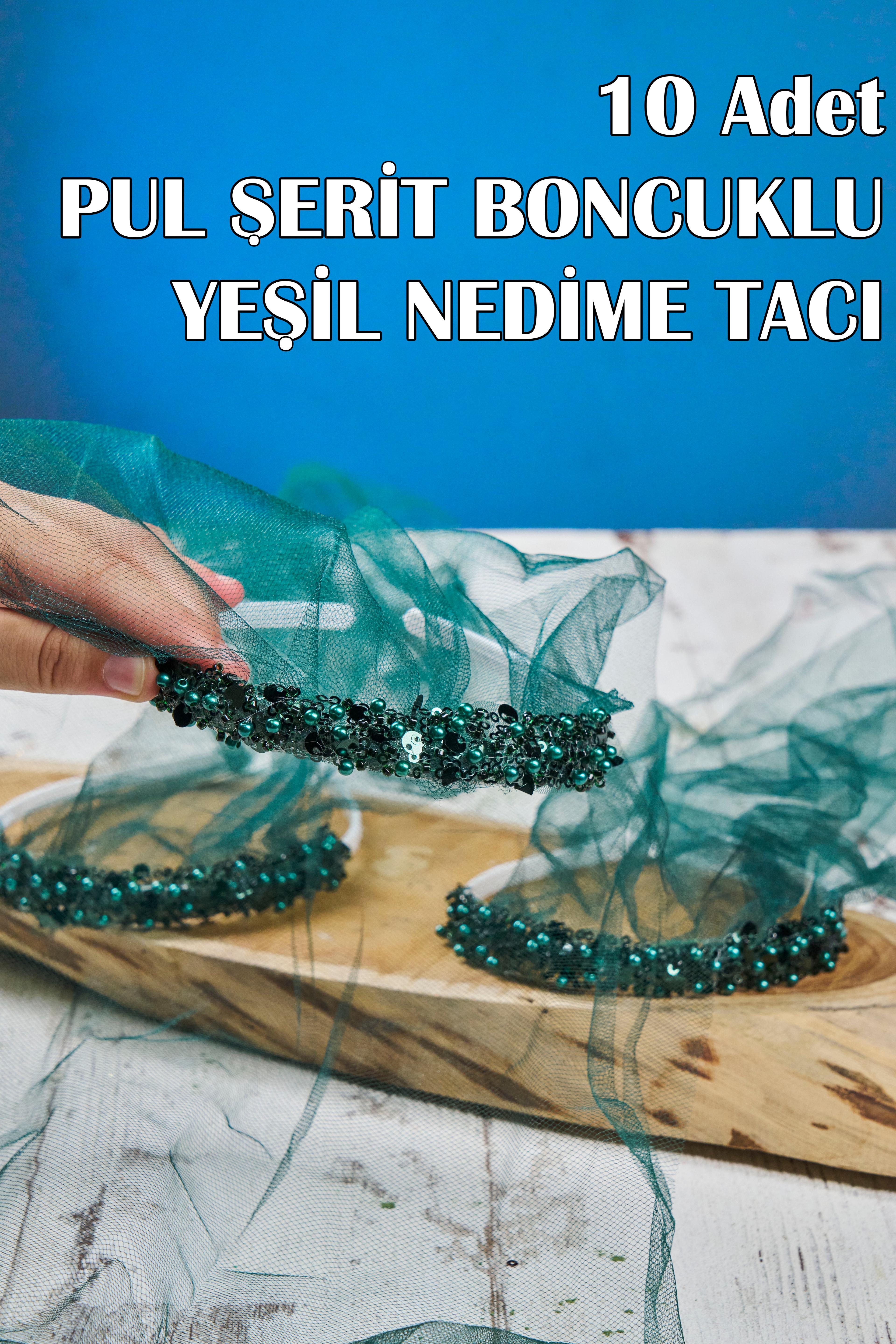10 Adet Pul Şerit Boncuklu Nedime Tacı - YEŞİL