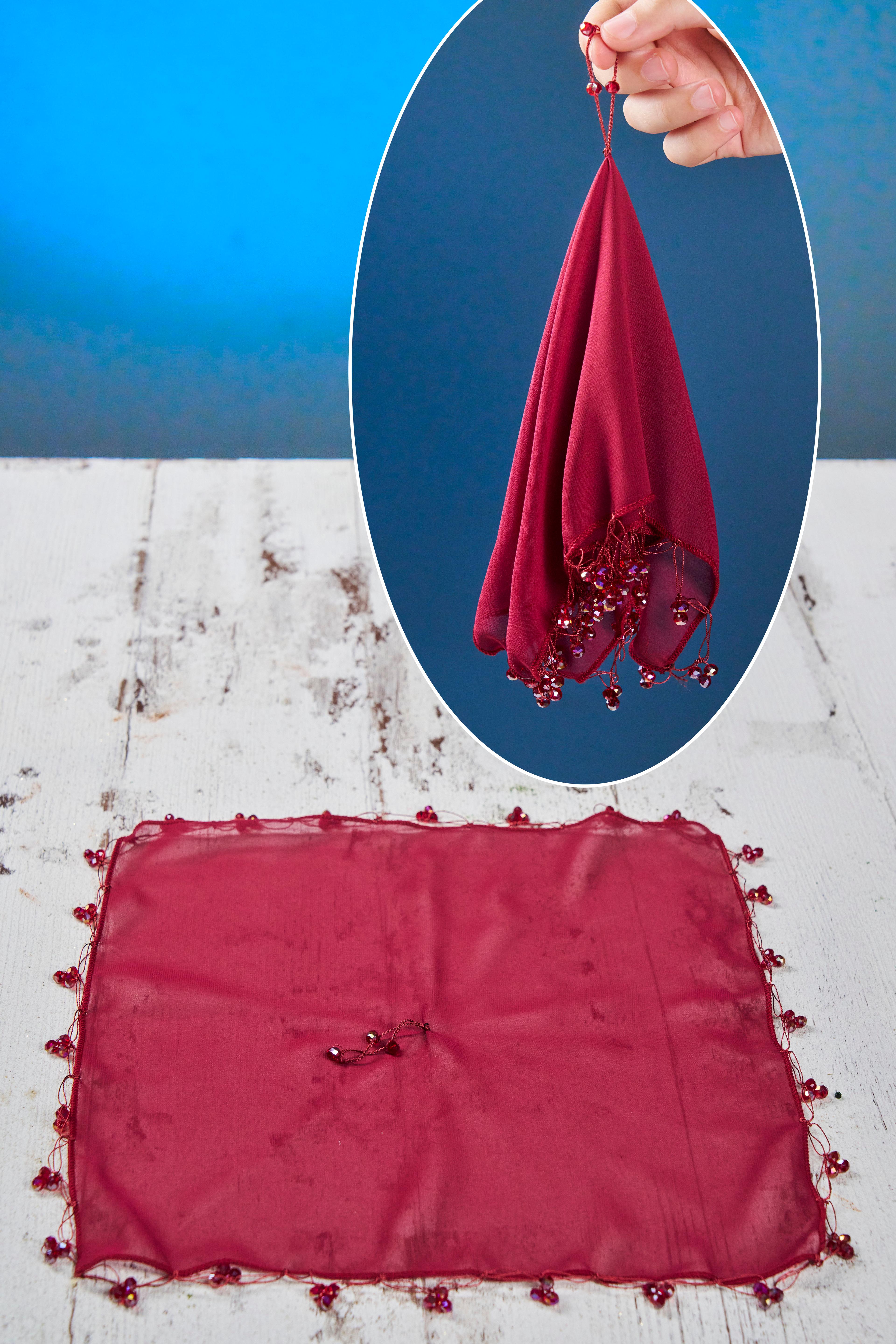 Boncuklu Özel Gelin Mendili (1 Adet) 28x28 cm - BORDO