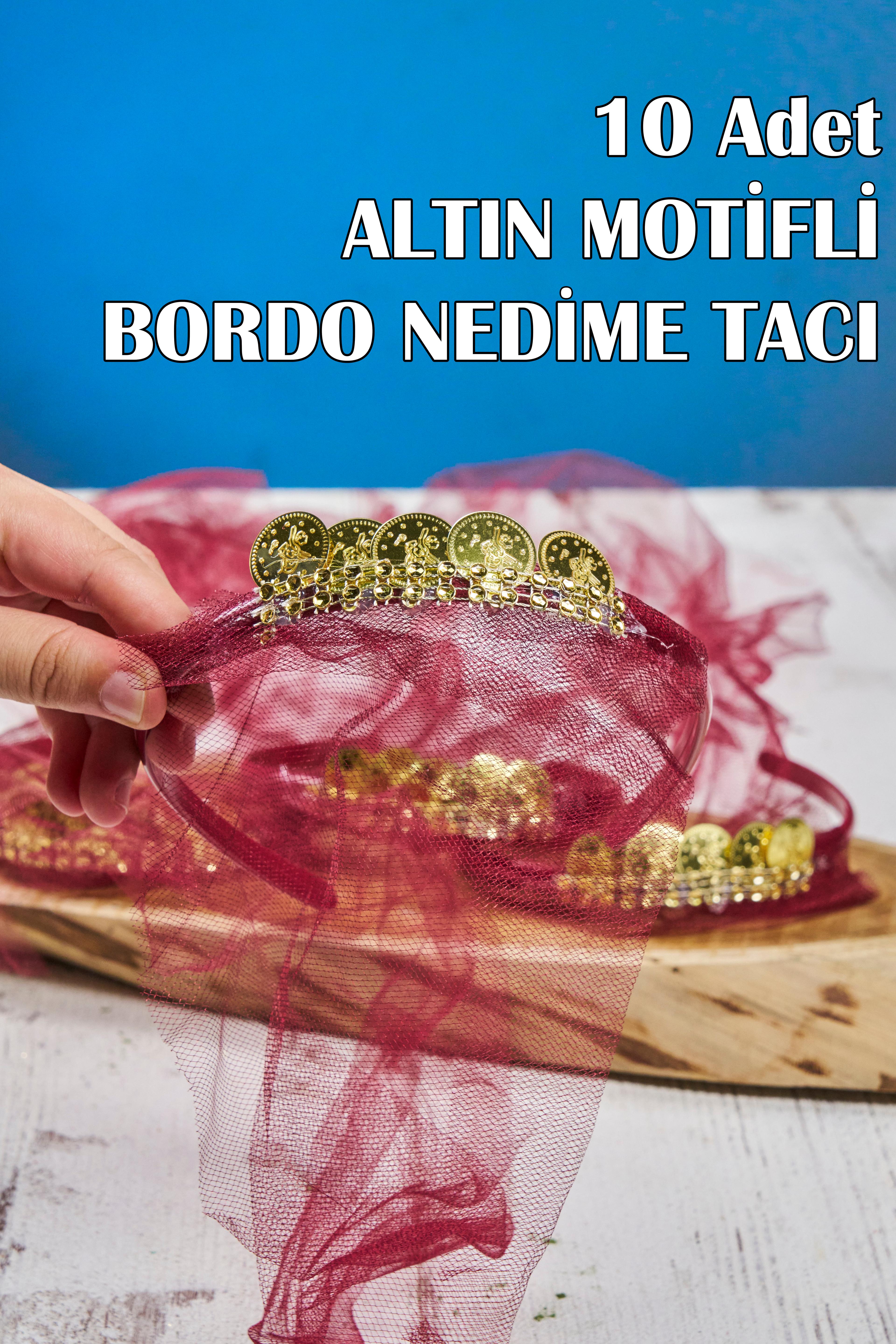 10 Adet Altın Motifli Nedime Tacı - BORDO