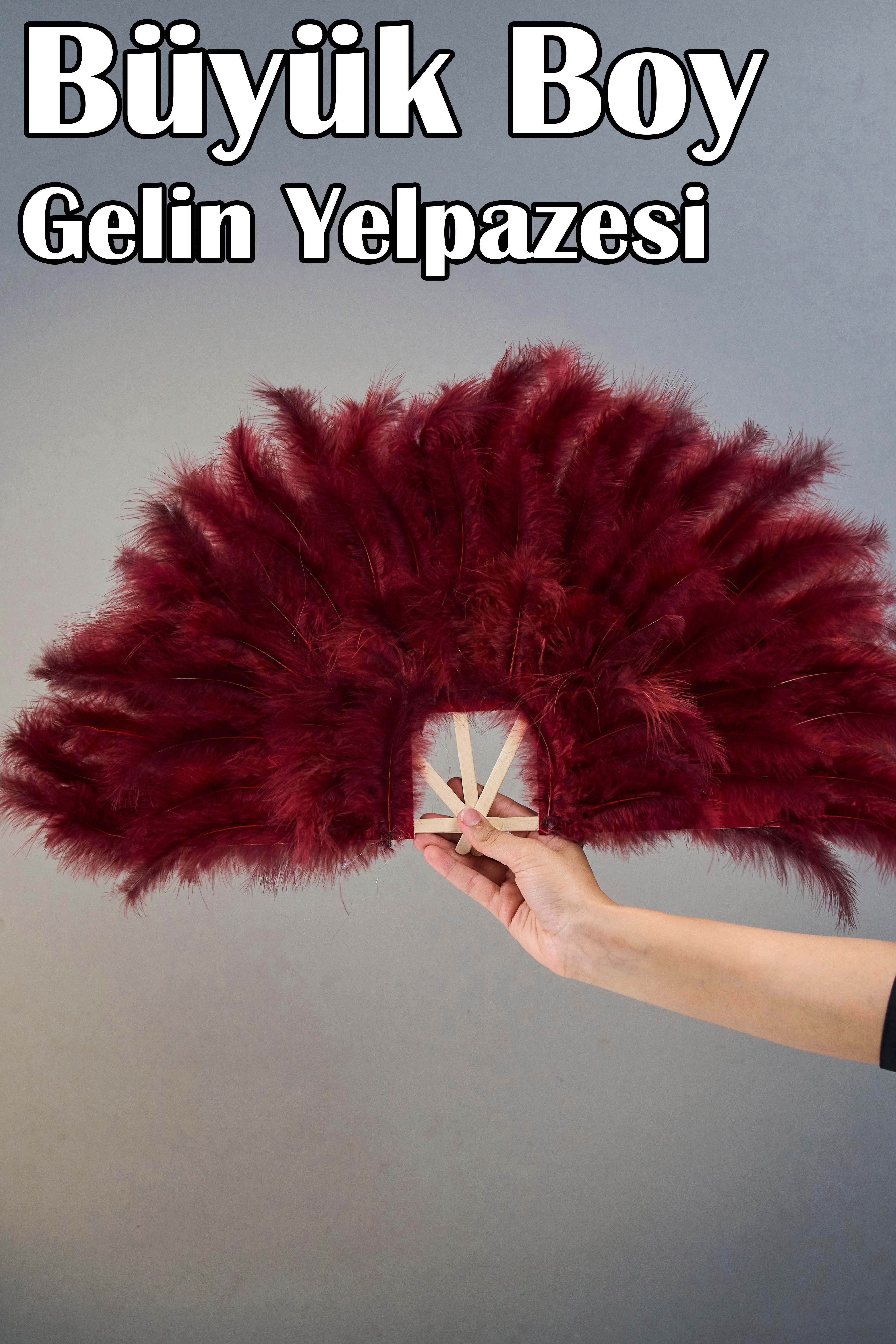 Büyük Boy Tüylü Kına Gecesi Gelin Yelpazesi (55x25 cm) - BORDO