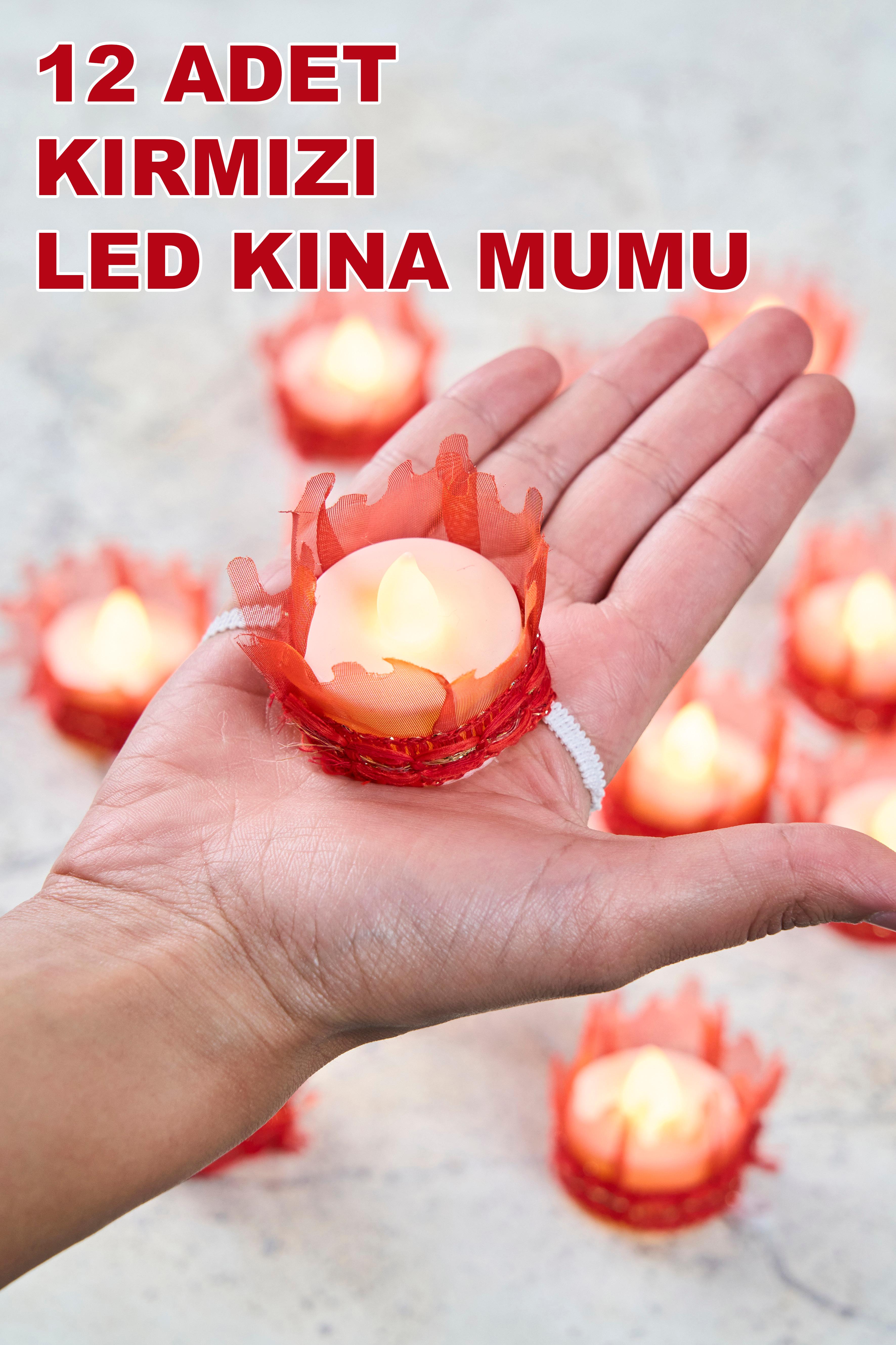12 Adet Led Süslü Kına Mumu - KIRMIZI