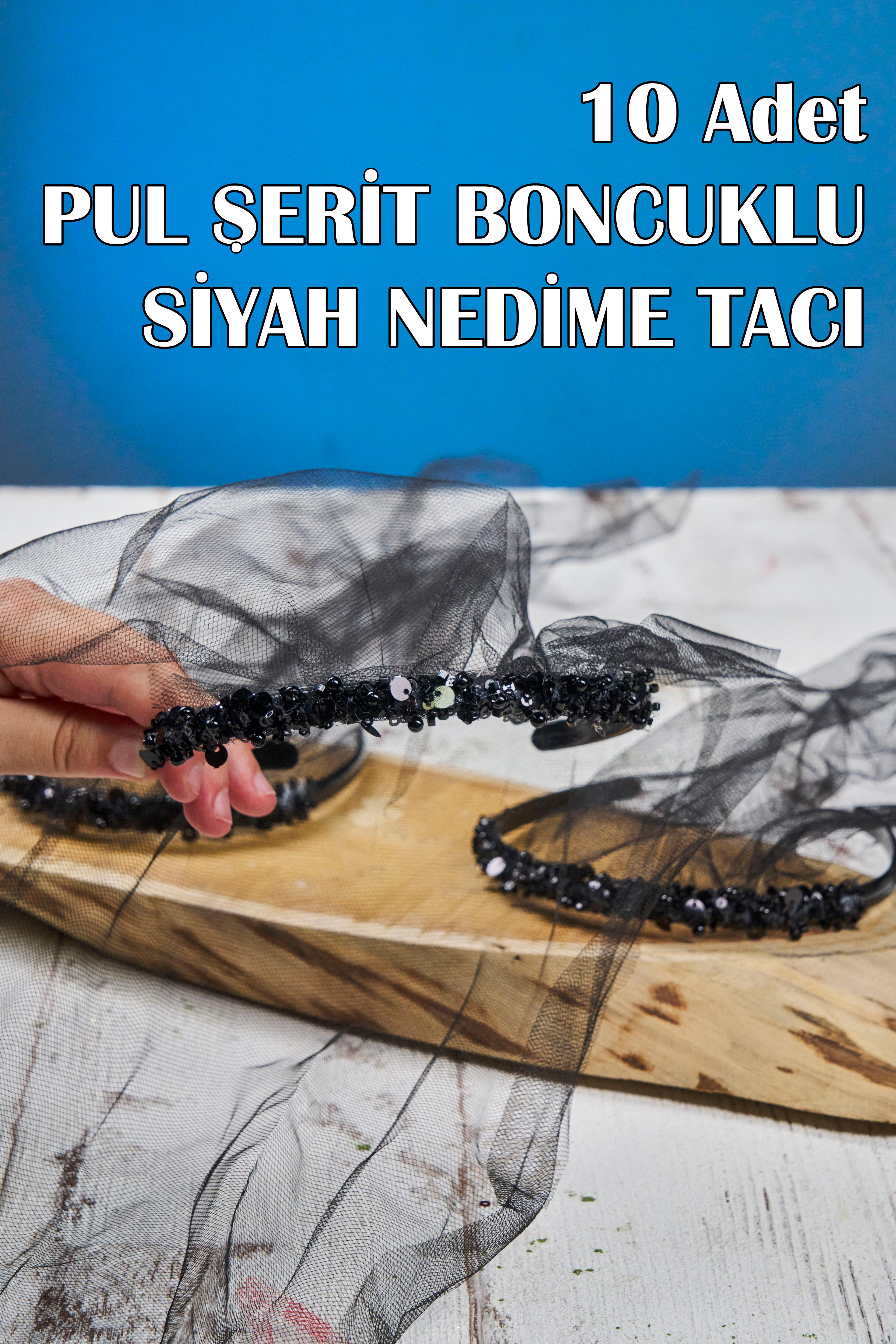 10 Adet Pul Şerit Boncuklu Nedime Tacı - SİYAH