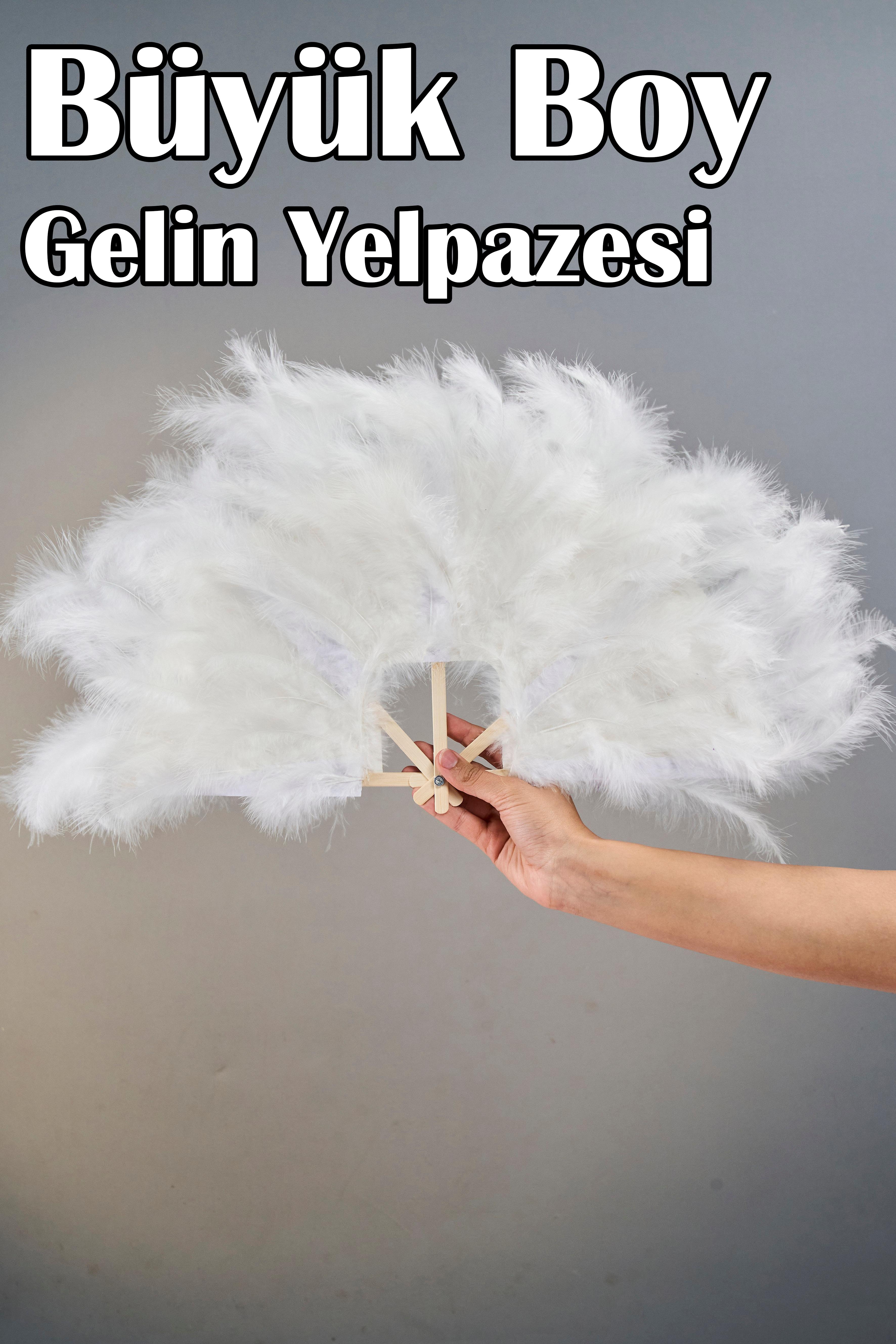 Büyük Boy Tüylü Kına Gecesi Gelin Yelpazesi (55x25 cm) - BEYAZ