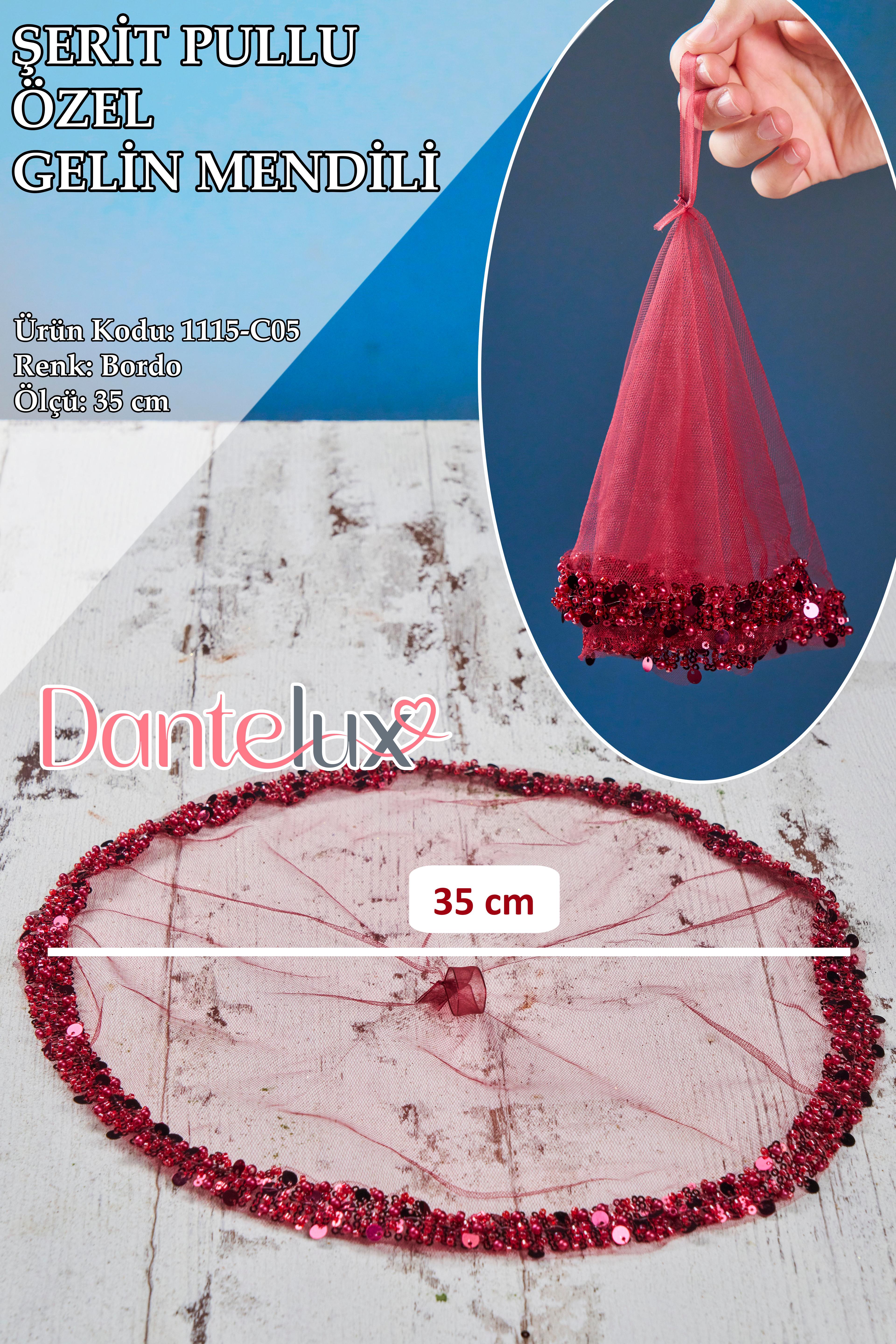 Şerit Pullu Özel Gelin Mendili (1 Adet) 35 cm - BORDO