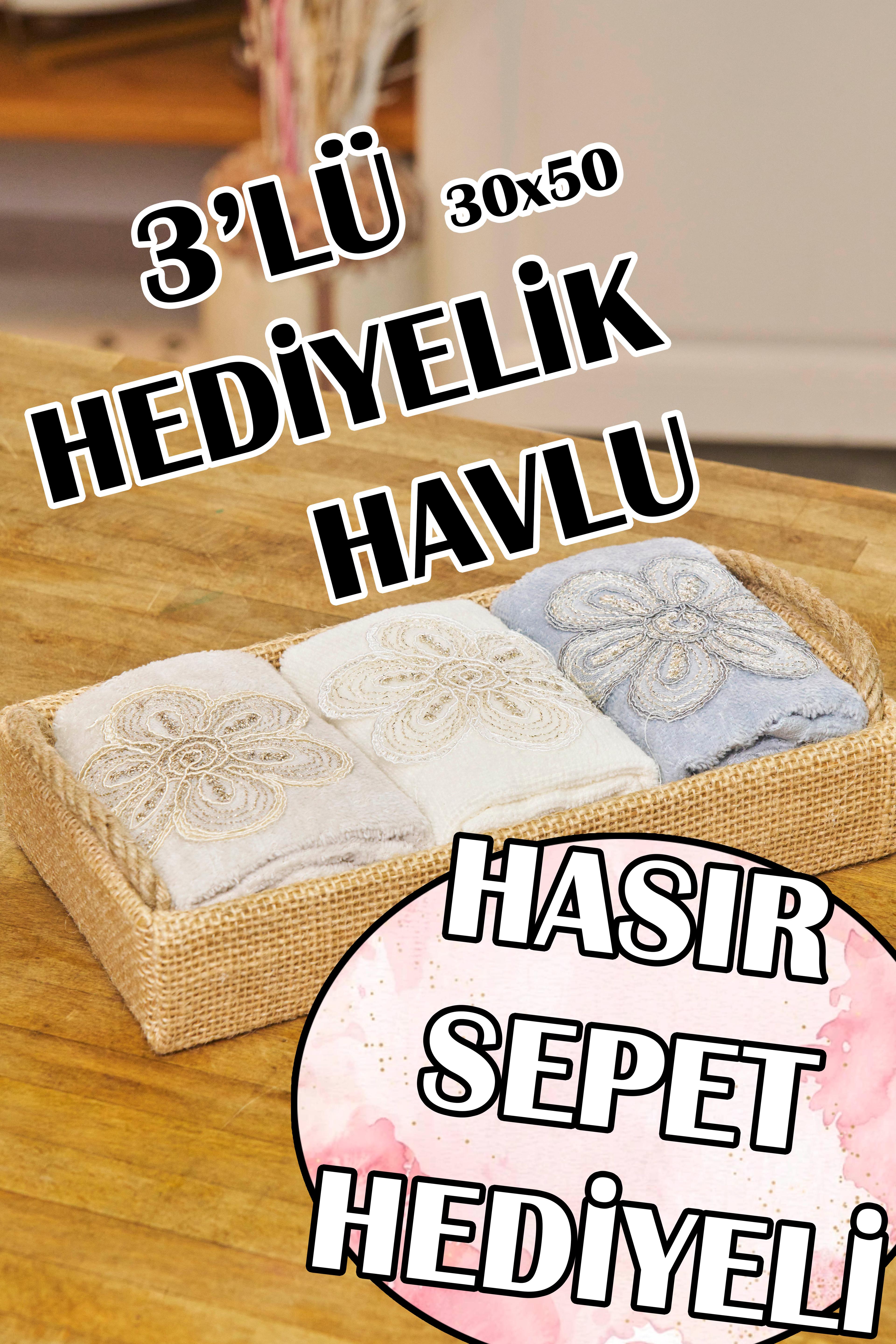 3'Lü Hediyelik Havlu (30x50 cm) Hasır Sepet İçinde