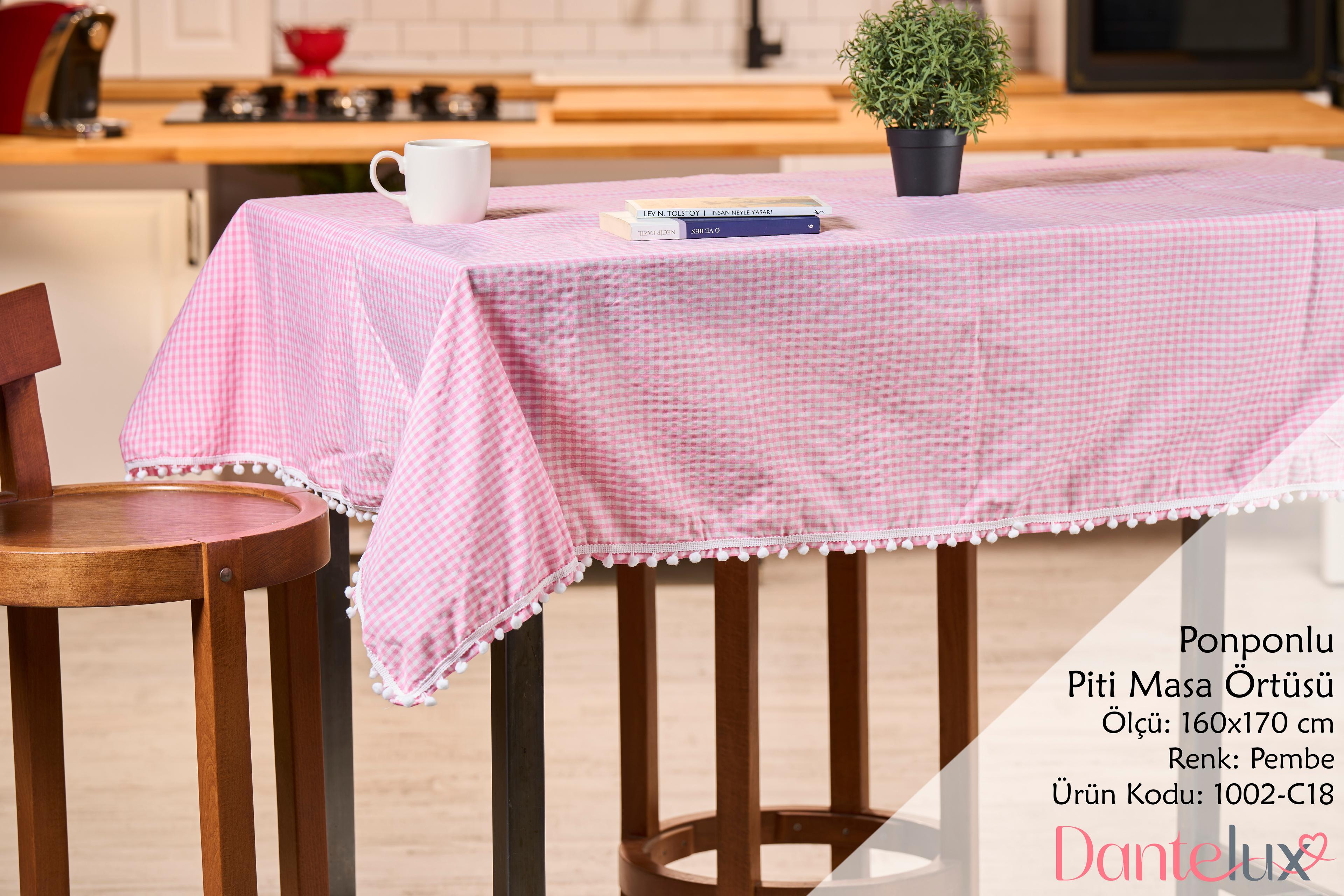 Ponponlu Piti Masa Örtsü (Sofrabezi) - PEMBE