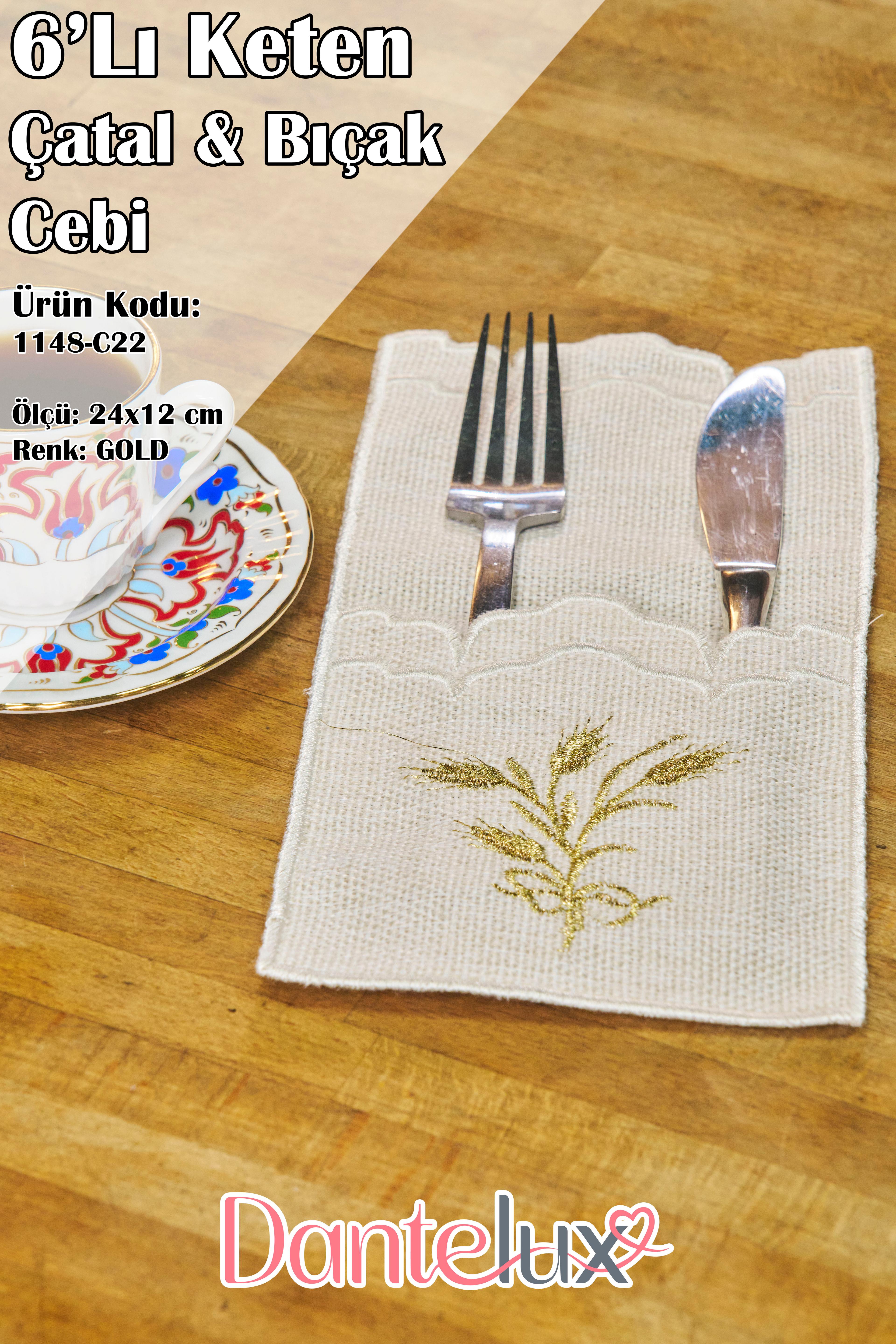 6'Lı Keten Çatal & Bıçak Cebi (24x12 cm)