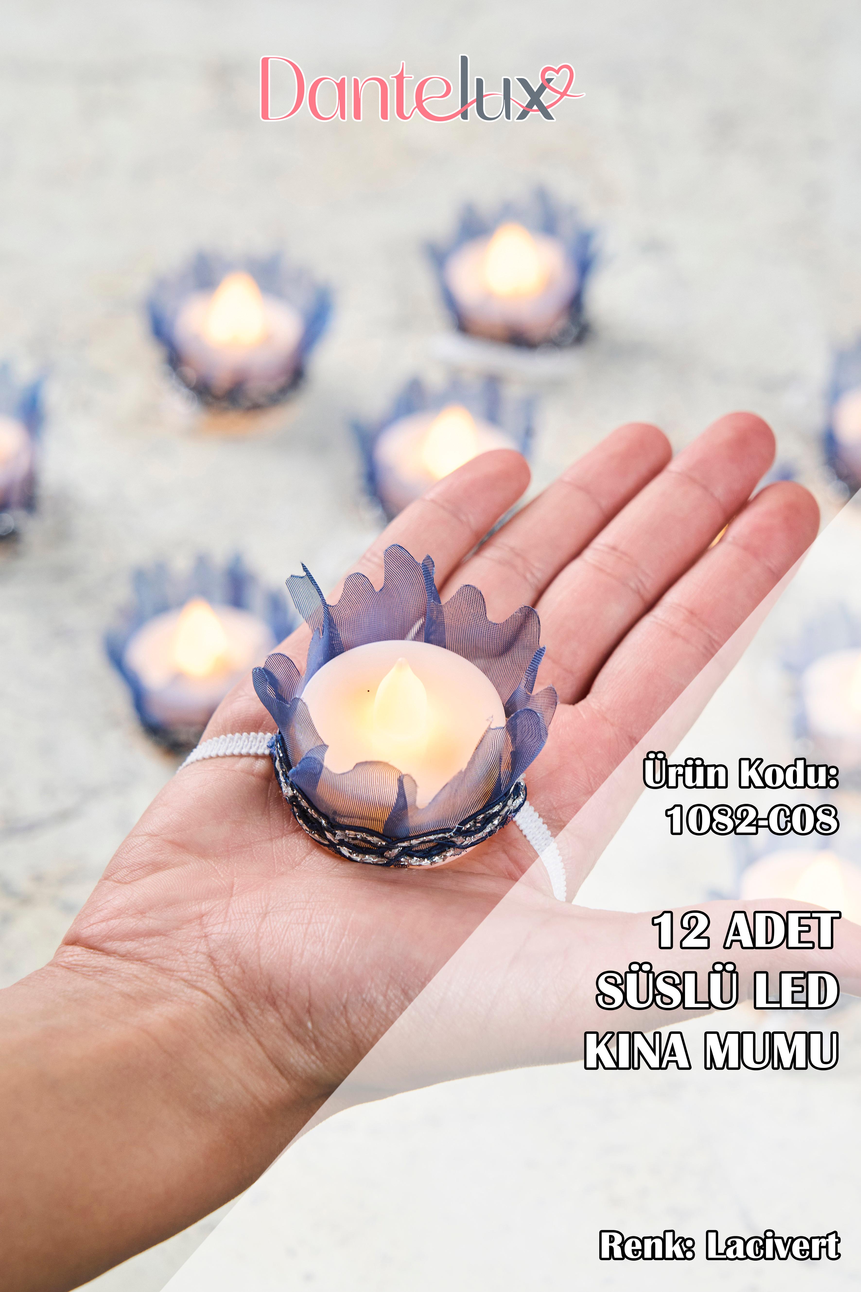 12 Adet Led Süslü Kına Mumu - LACİVERT