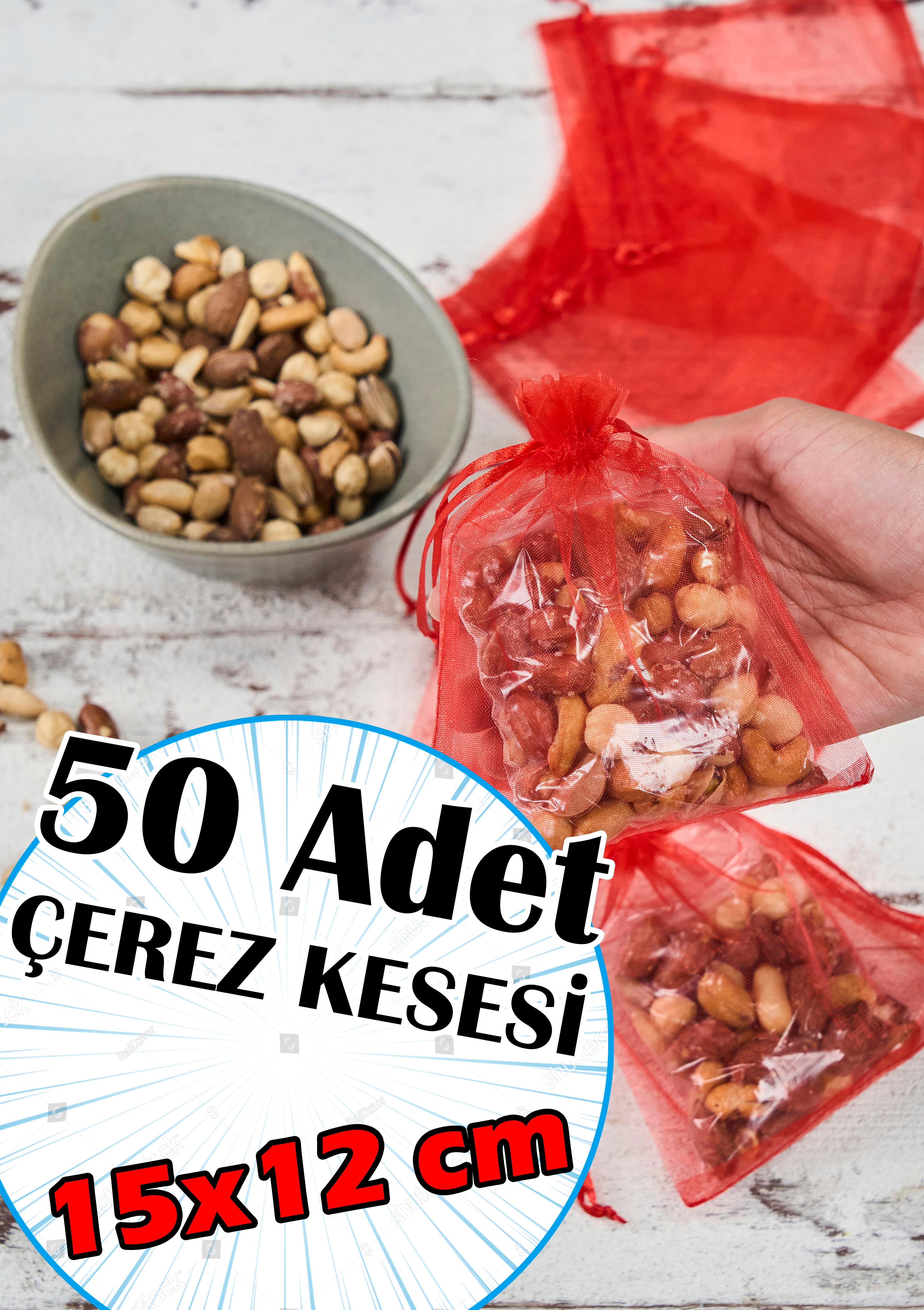 50 Adet Klasik Tül Çerez Kesesi (15x12 cm) - KIRMIZI