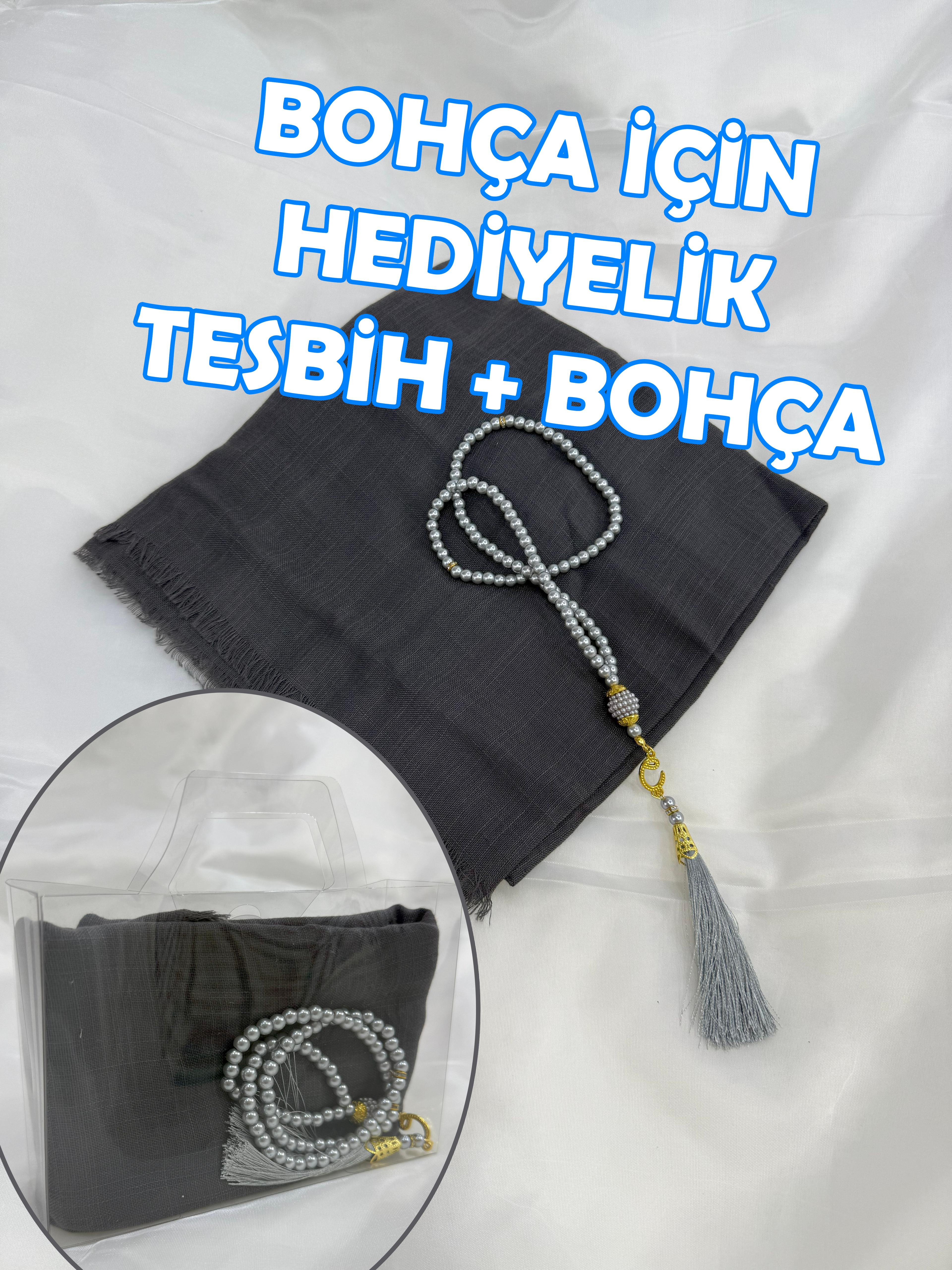 Bohça İçin Hediyelik (Tesbih + Tülbent) Şeffaf Çanta İçinde - GRİ