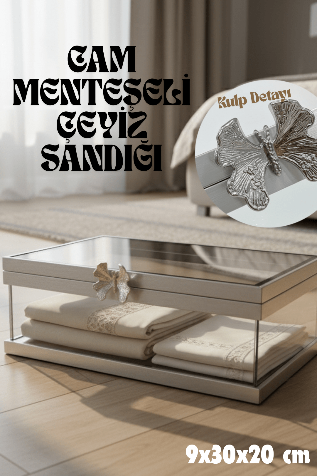 Menteşeli Dikdörtgen Cam Sandık (Kelebek Kulp Detaylı) - GÜMÜŞ