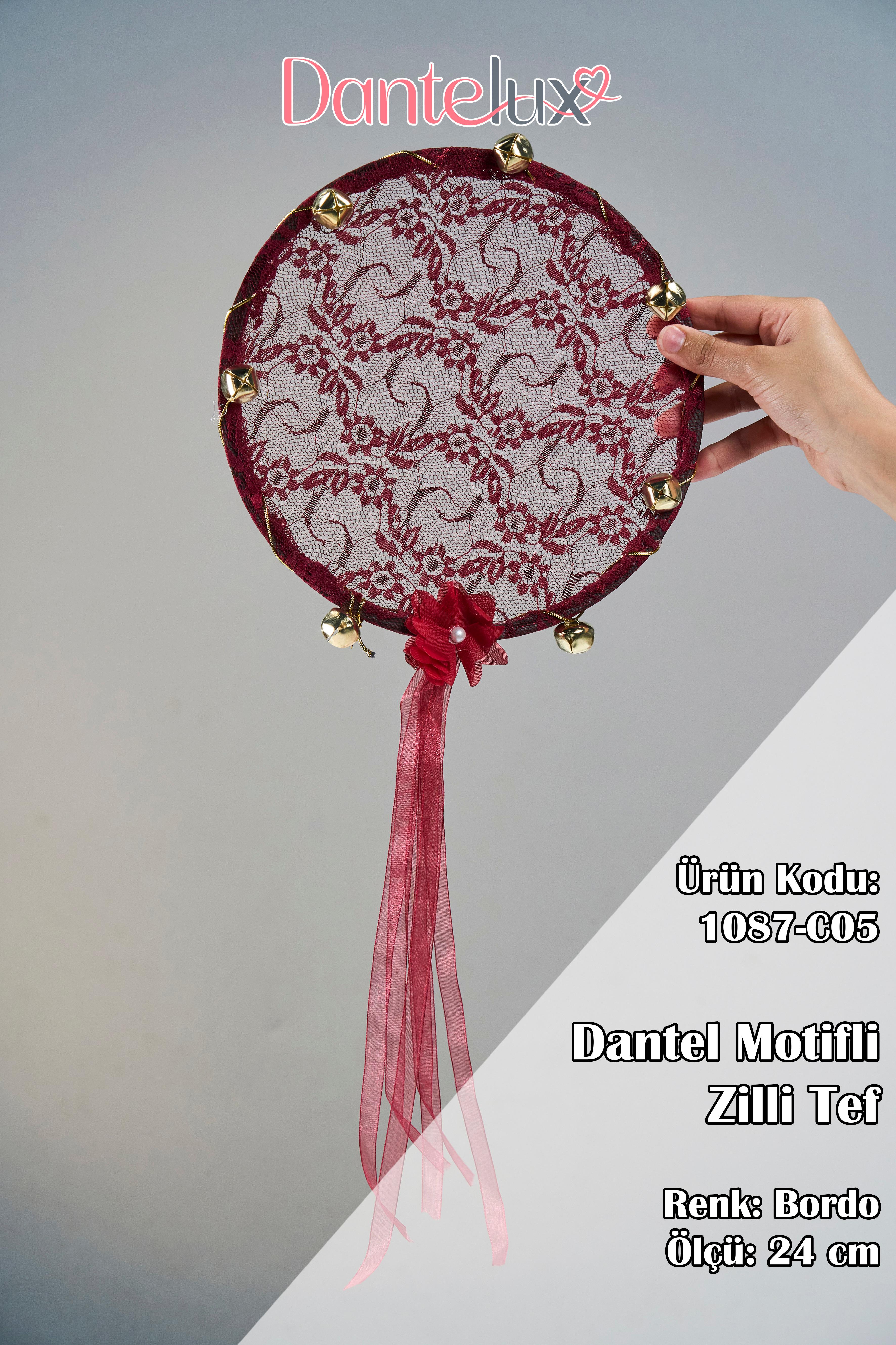 Dantel Motifli Zilli Kına Gecesi Tefi - BORDO