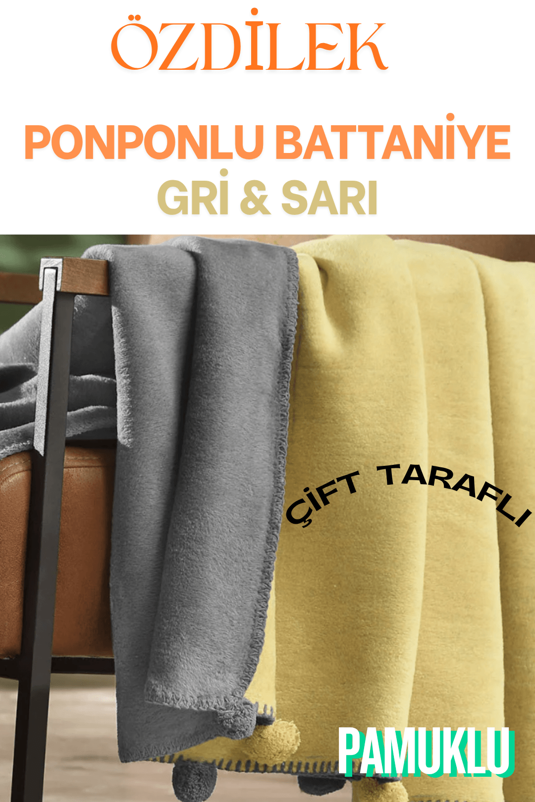 Ponponlu Pamuklu Çift Taraflı Battaniye (Çift Kişilik) 180x220 cm - GRİ