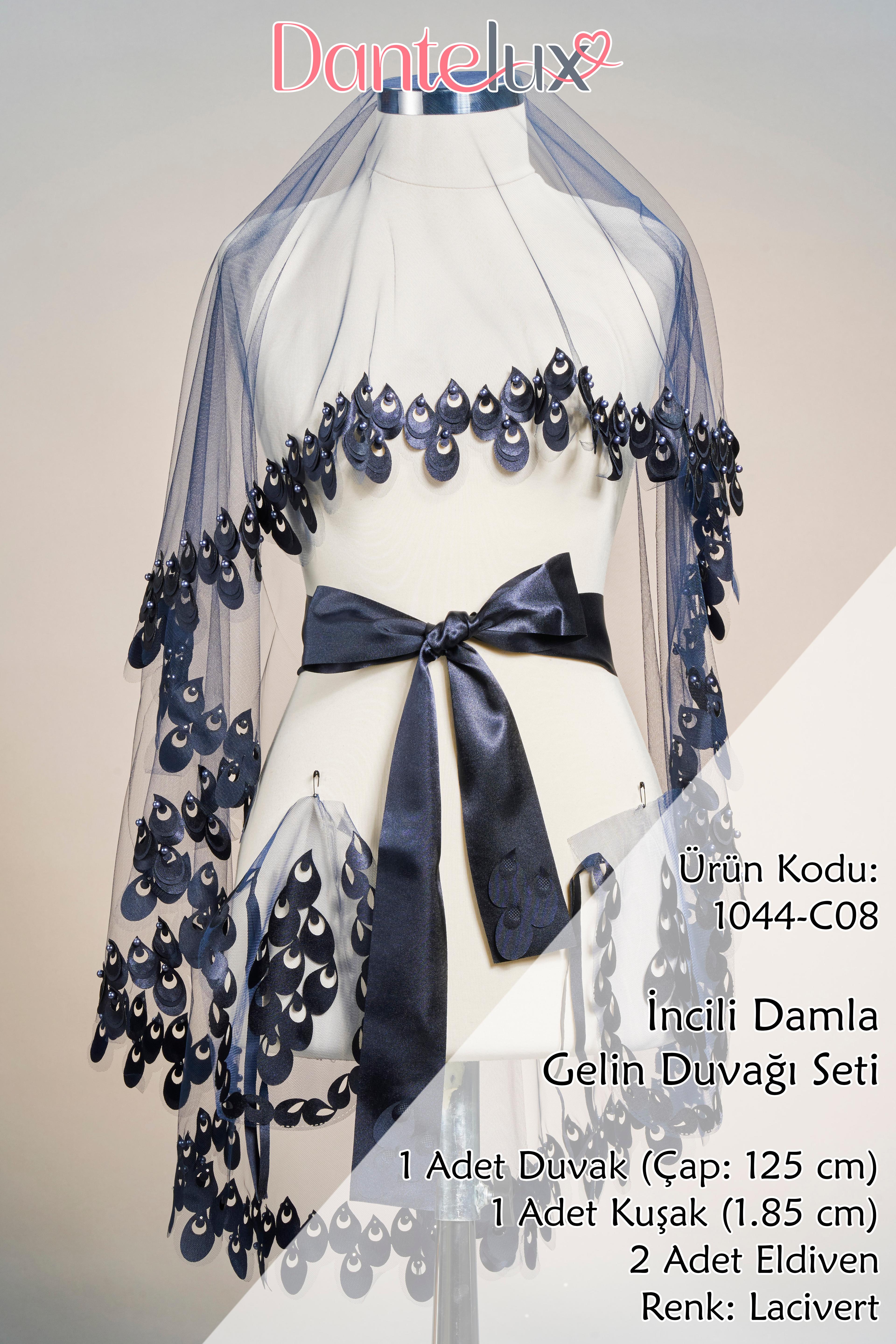 İncili Damla Gelin Duvağı Seti (Kına Örtüsü + Gelin Kuşağı + Kına Eldiveni) - LACİVERT