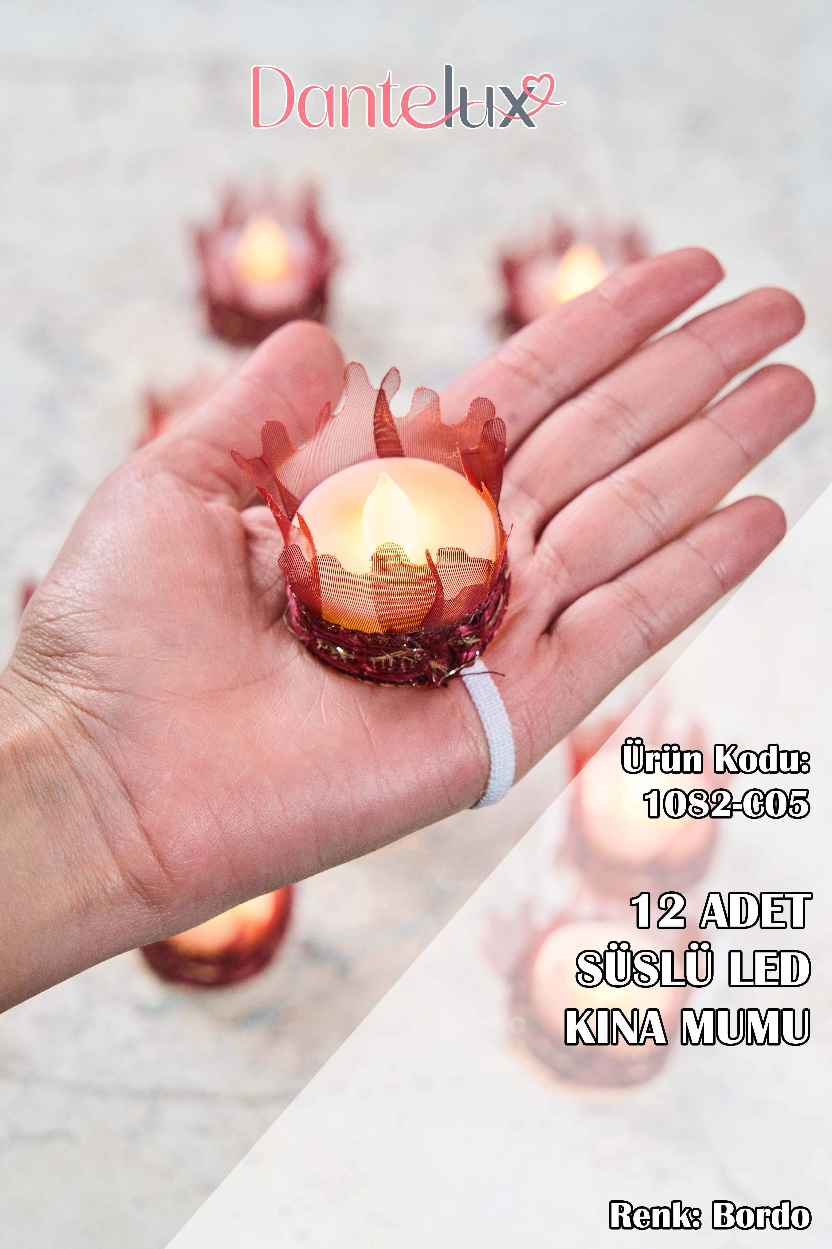 12 Adet Led Süslü Kına Mumu - BORDO
