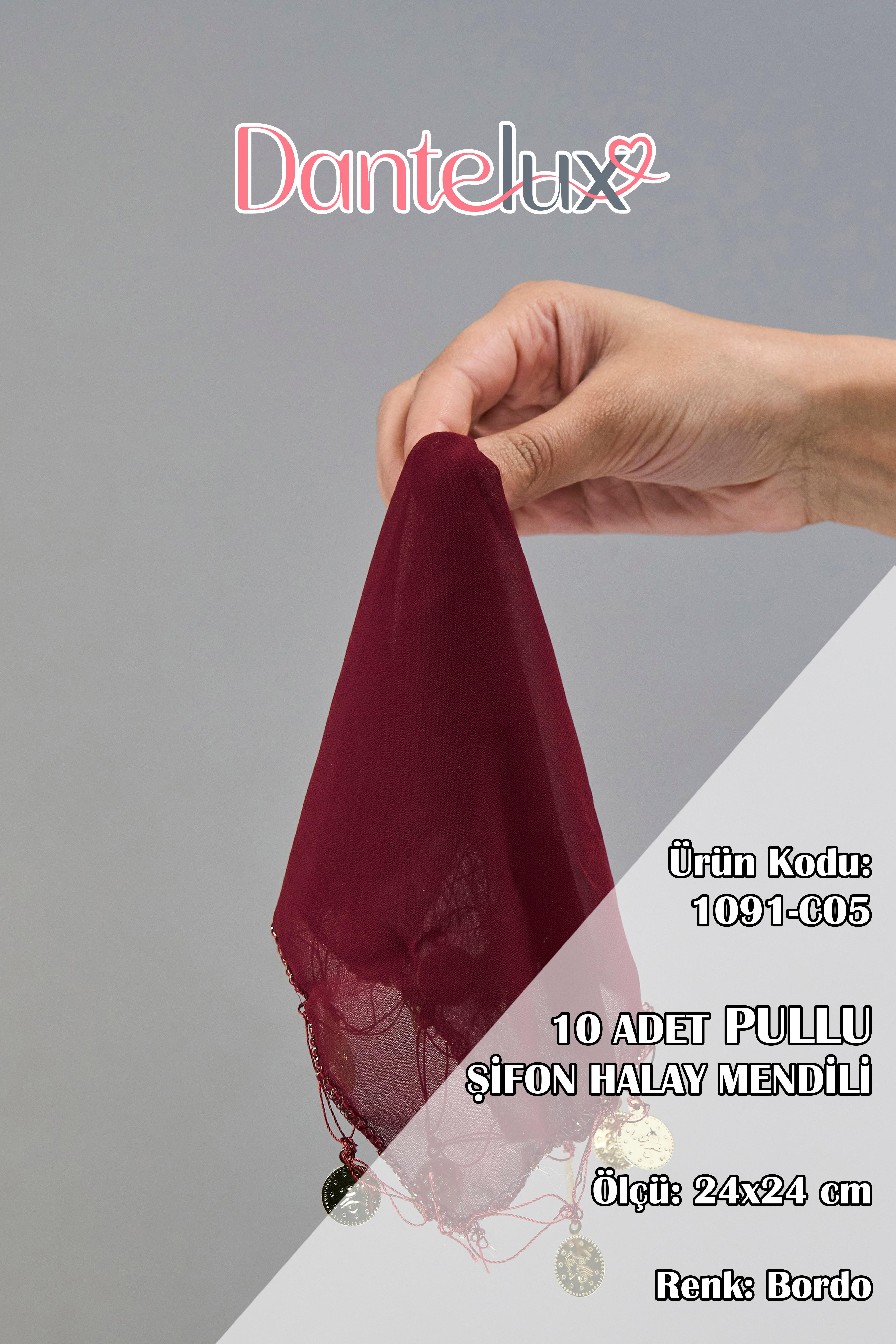 10 Adet Pullu Şifon Halay Mendili - BORDO