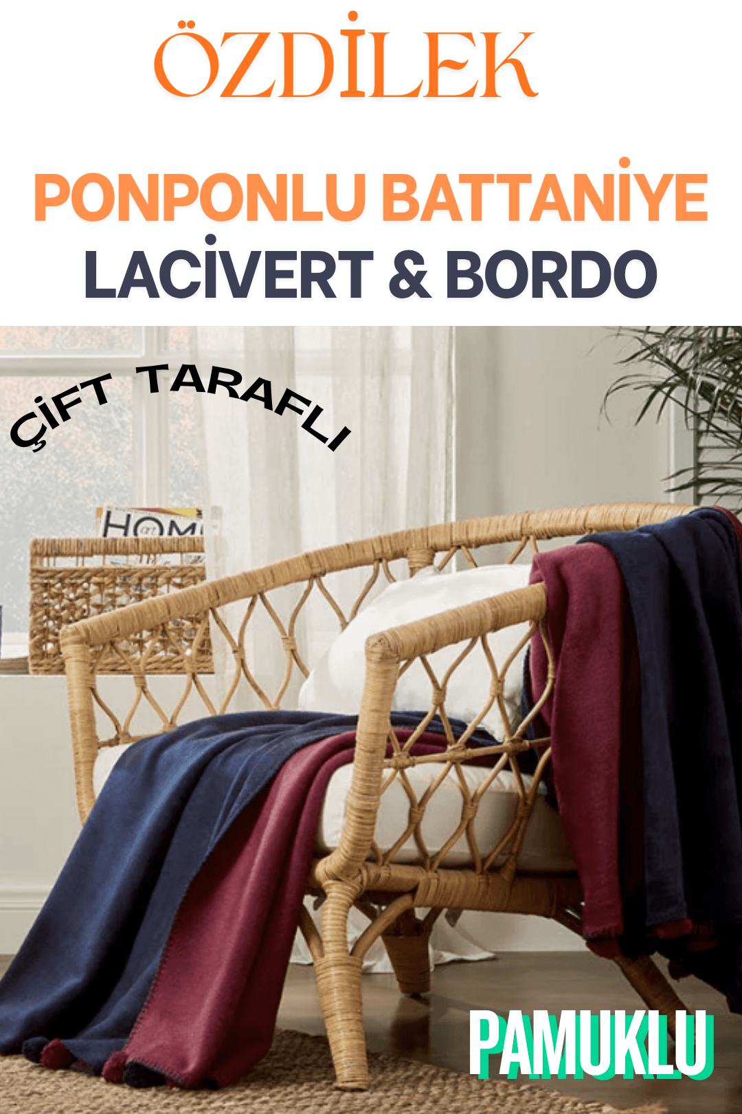 Ponponlu Pamuklu Çift Taraflı Battaniye (Çift Kişilik) 180x220 cm - LACİVERT
