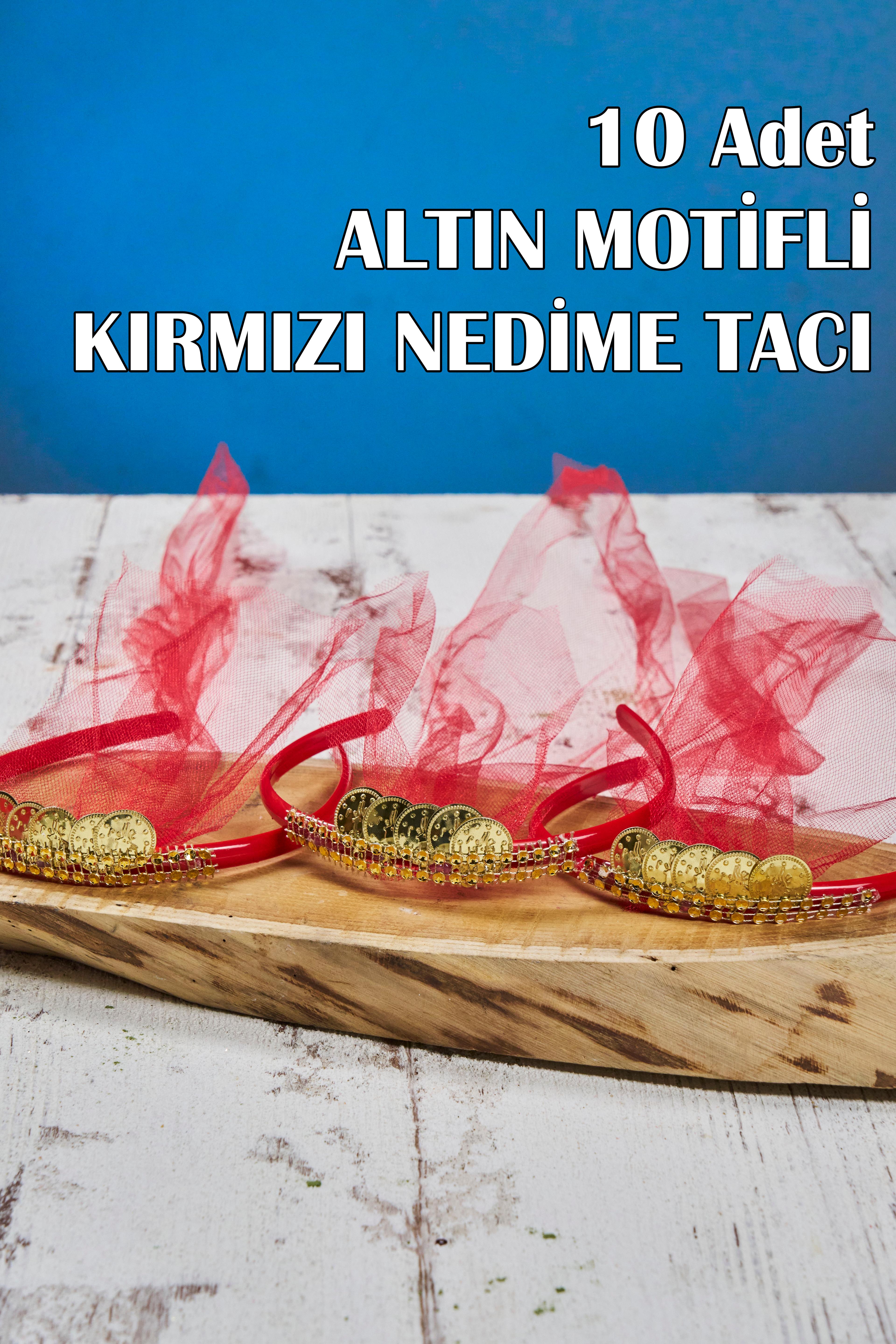 10 Adet Altın Motifli Nedime Tacı - KIRMIZI