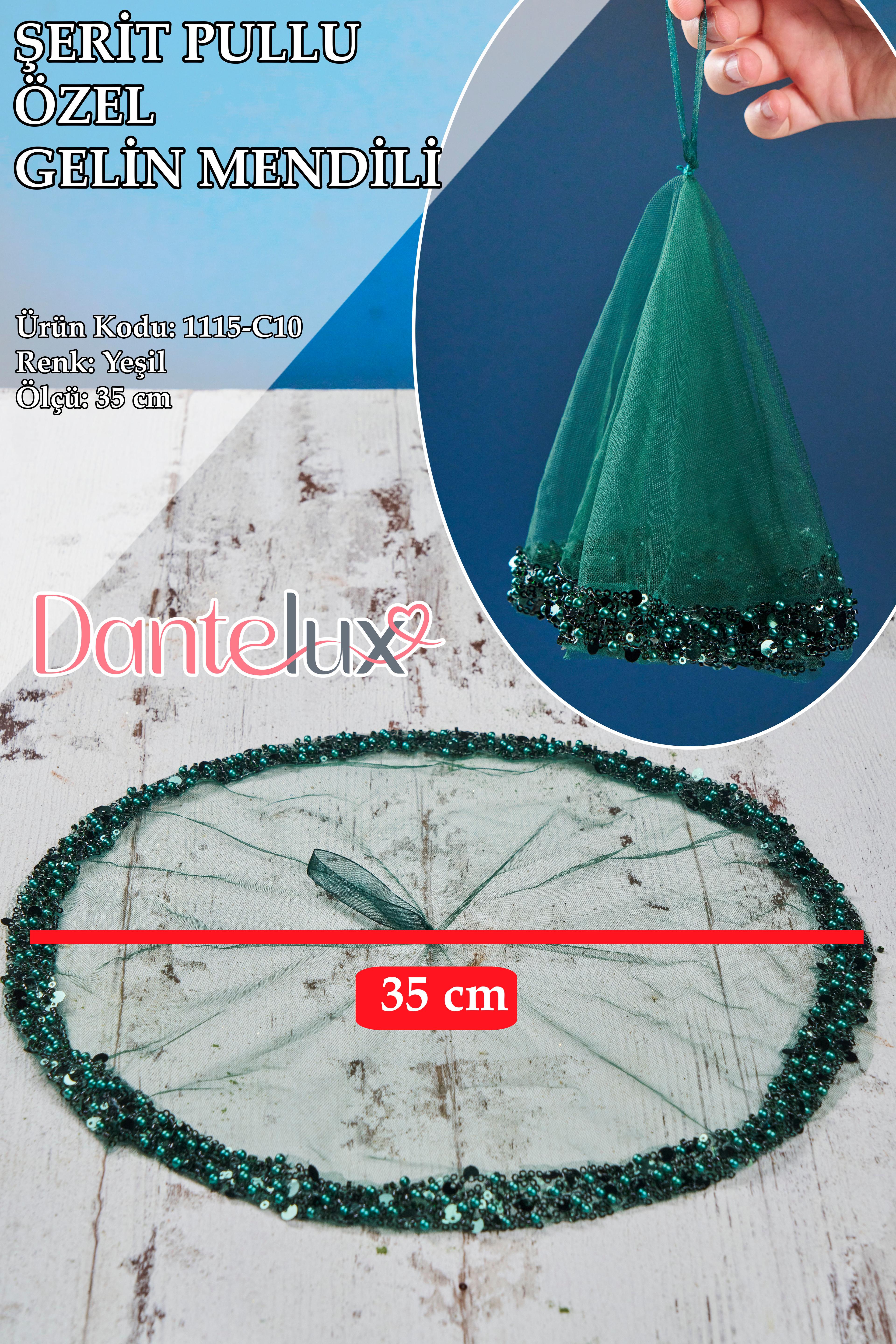 Şerit Pullu Özel Gelin Mendili (1 Adet) 35 cm - YEŞİL