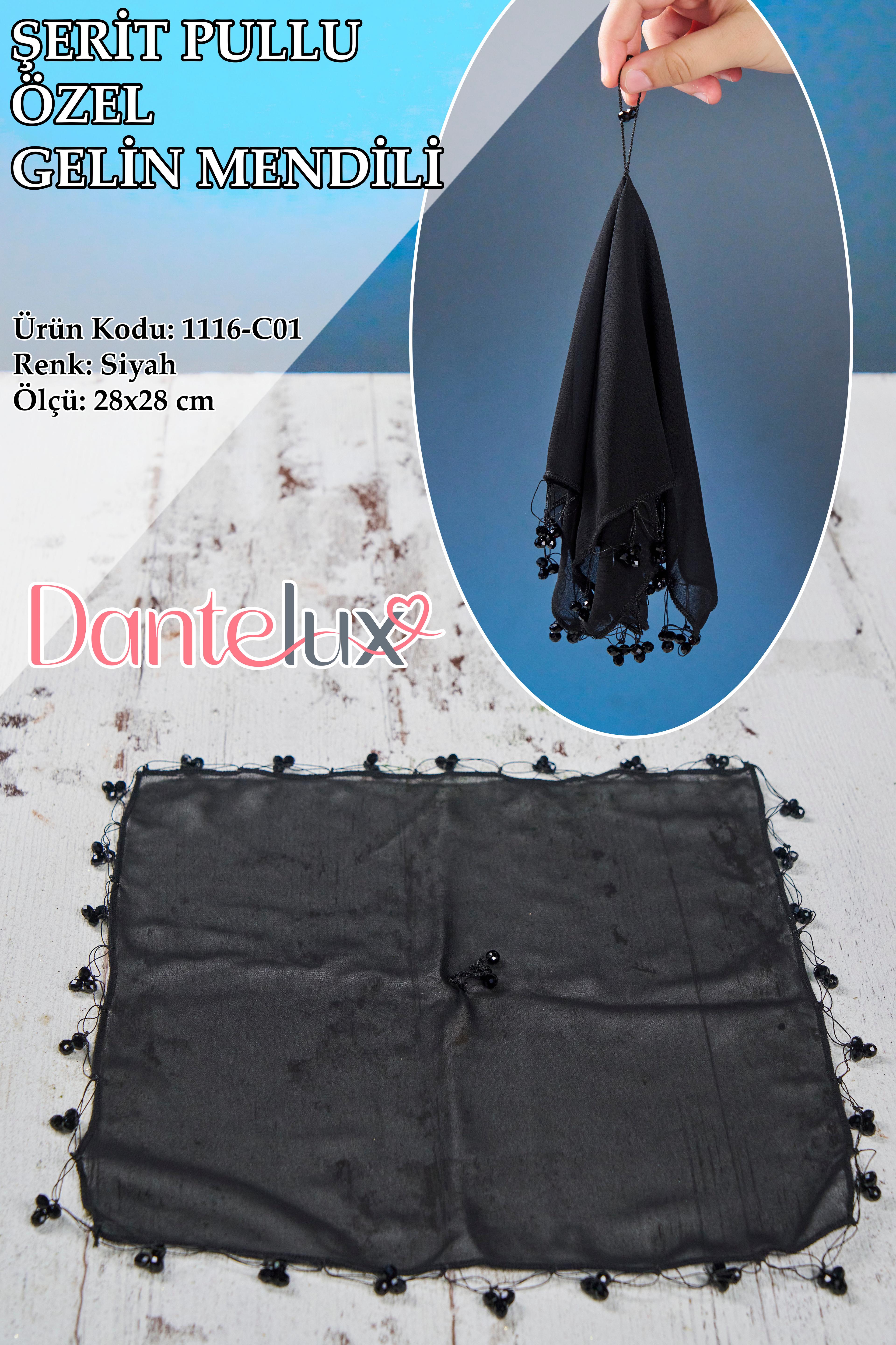 Boncuklu Özel Gelin Mendili (1 Adet) 28x28 cm - SİYAH