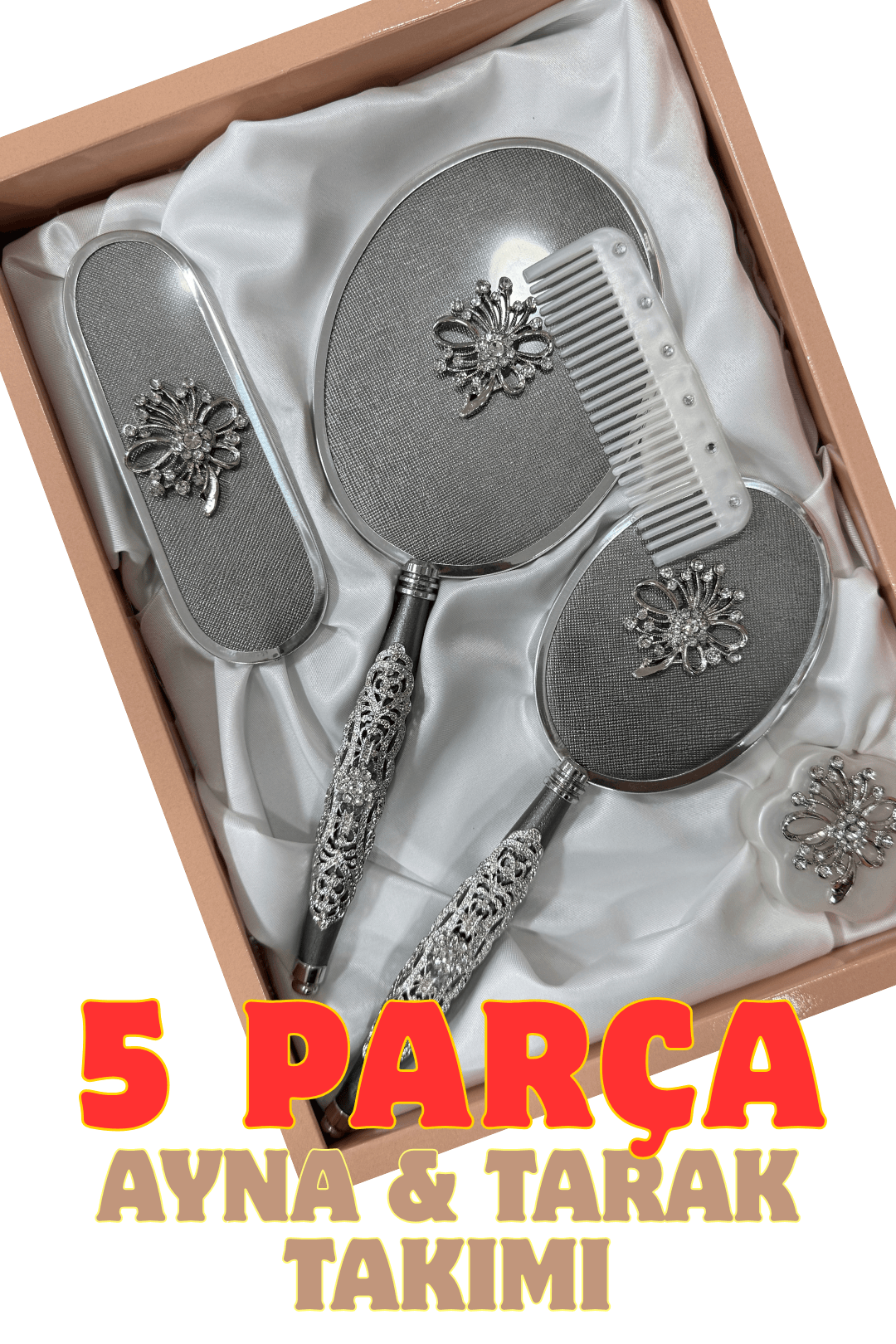 5 Parça Ayna & Tarak Seti - Ahşap Saplı Çeyizlik Tuvalet Takımı - 1. Model