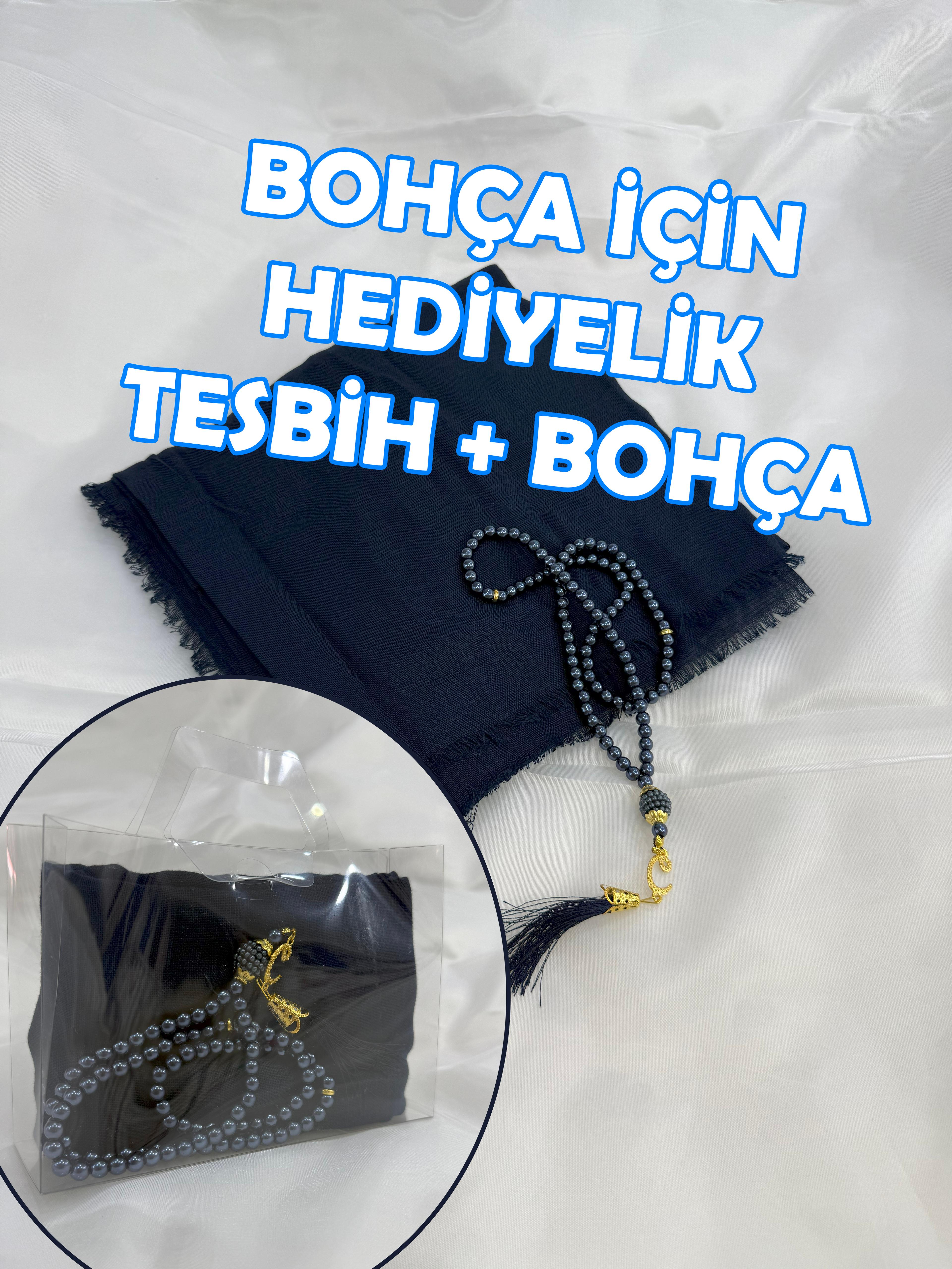 Bohça İçin Hediyelik (Tesbih + Tülbent) Şeffaf Çanta İçinde - LACİVERT