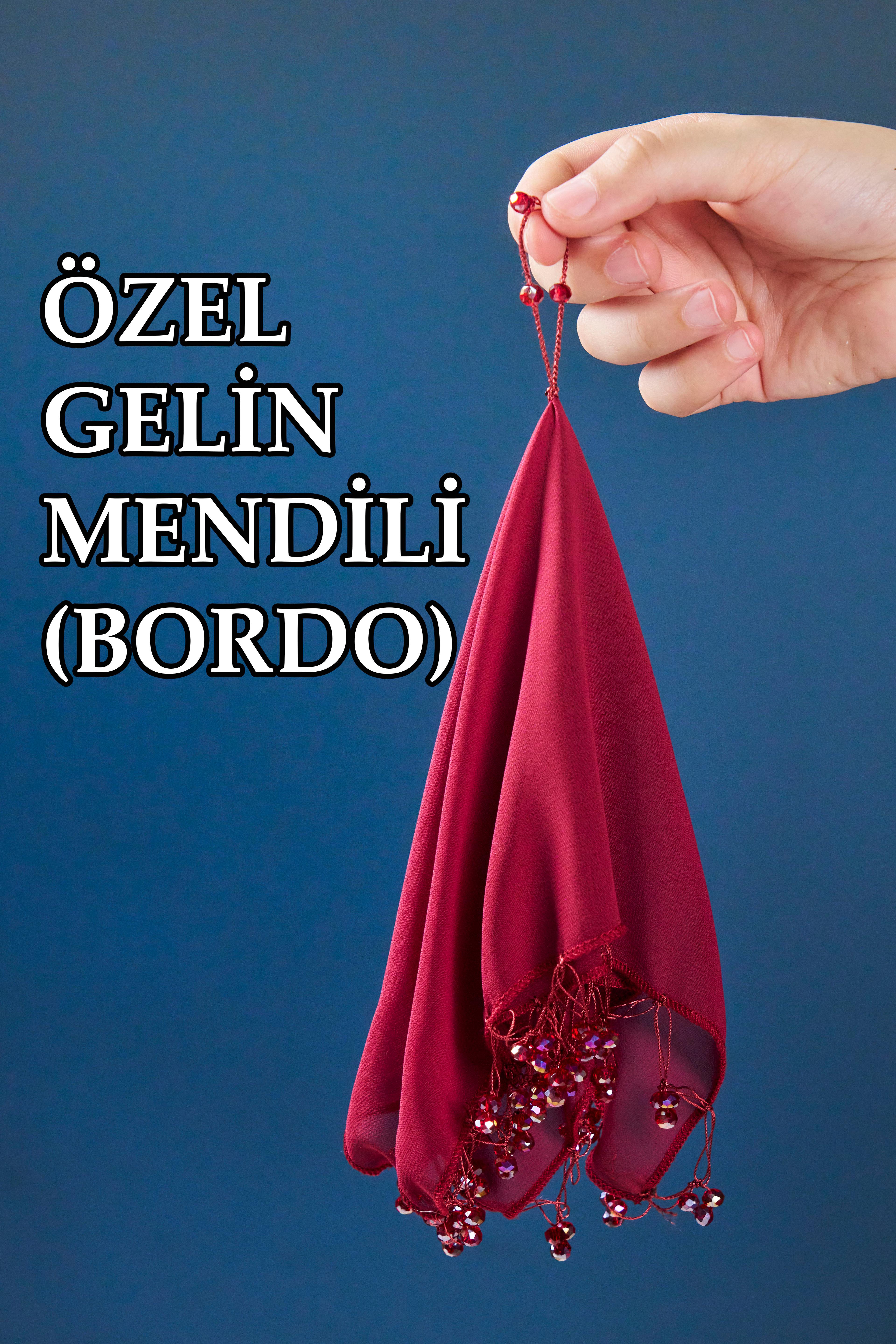 Boncuklu Özel Gelin Mendili (1 Adet) 28x28 cm - BORDO